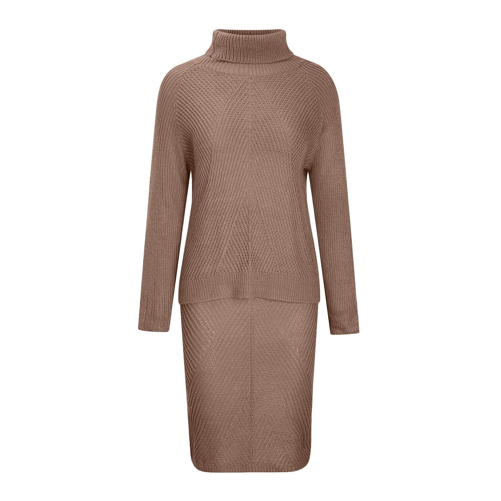 XUNRYAN 2 Piece Sweater Dress Sets for Women Long Sleeve Knit Outfits Solid Turtleneck Top Midi Skirt Bodycon Dresses Brown