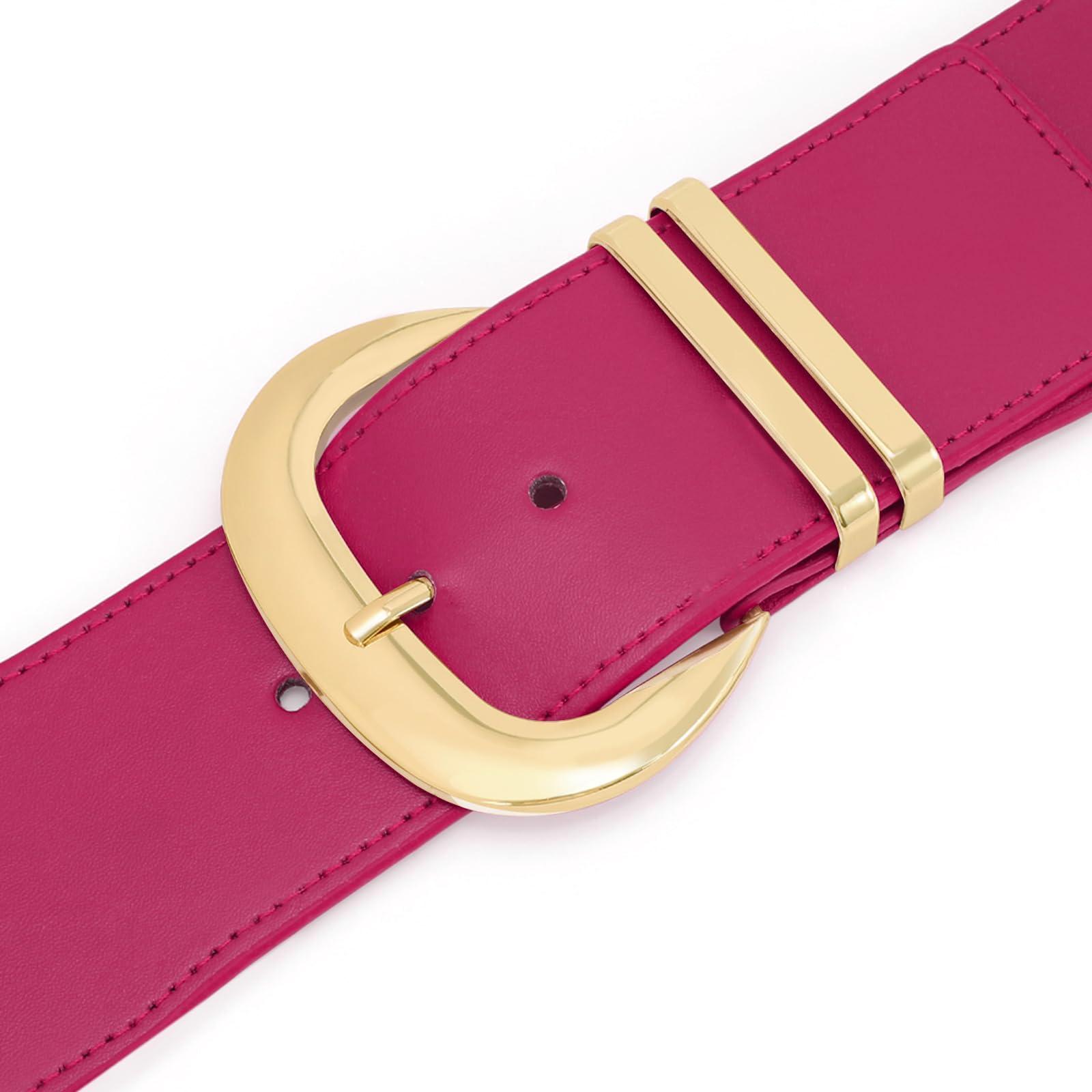 WHIPPY WHIPPY Women Wide Elastic Waist Belt for Dresses Fashion Gold Buckle Stretchy Leather Waistband for Ladies, Rose Red, Fits Waist 38"-45"