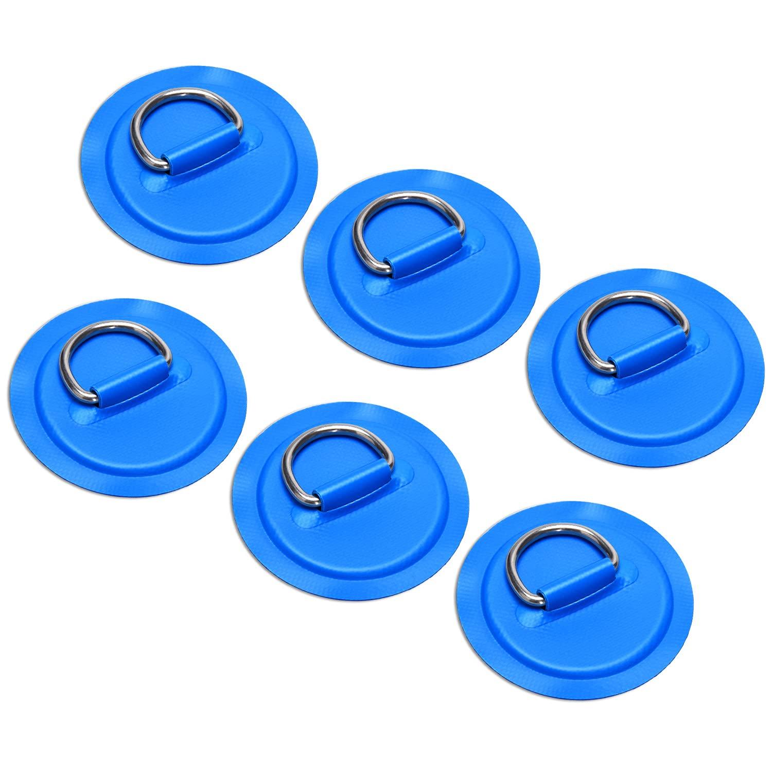 TOBWOLF TOBWOLF 6 Pack 3.15\" / 8cm Stainless Steel D-Ring Patch for Inflatable Boat Kayak Dinghy SUP, Circular D-Ring PVC Pad Stand-Up Paddleboard Canoe Rafting Accessories, NO Glue Included - Blue