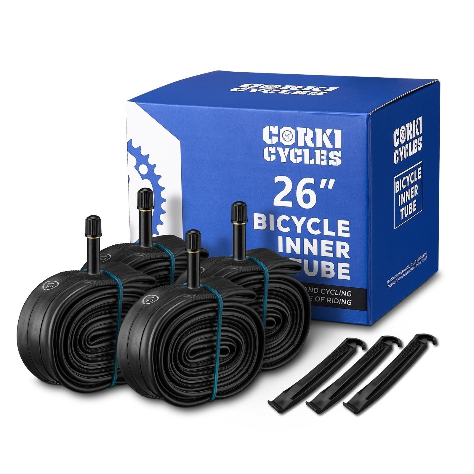 corki Corki Cycles 26 Inch Mountain Bike Inner Tube 4-Pack, Bike Tube 26 x 2.125 2.2 2.25 2.3 2.35 2.4 Standard Schrader Valve 32mm - Heavy Duty Butyl Rubber Bike Tire Tube