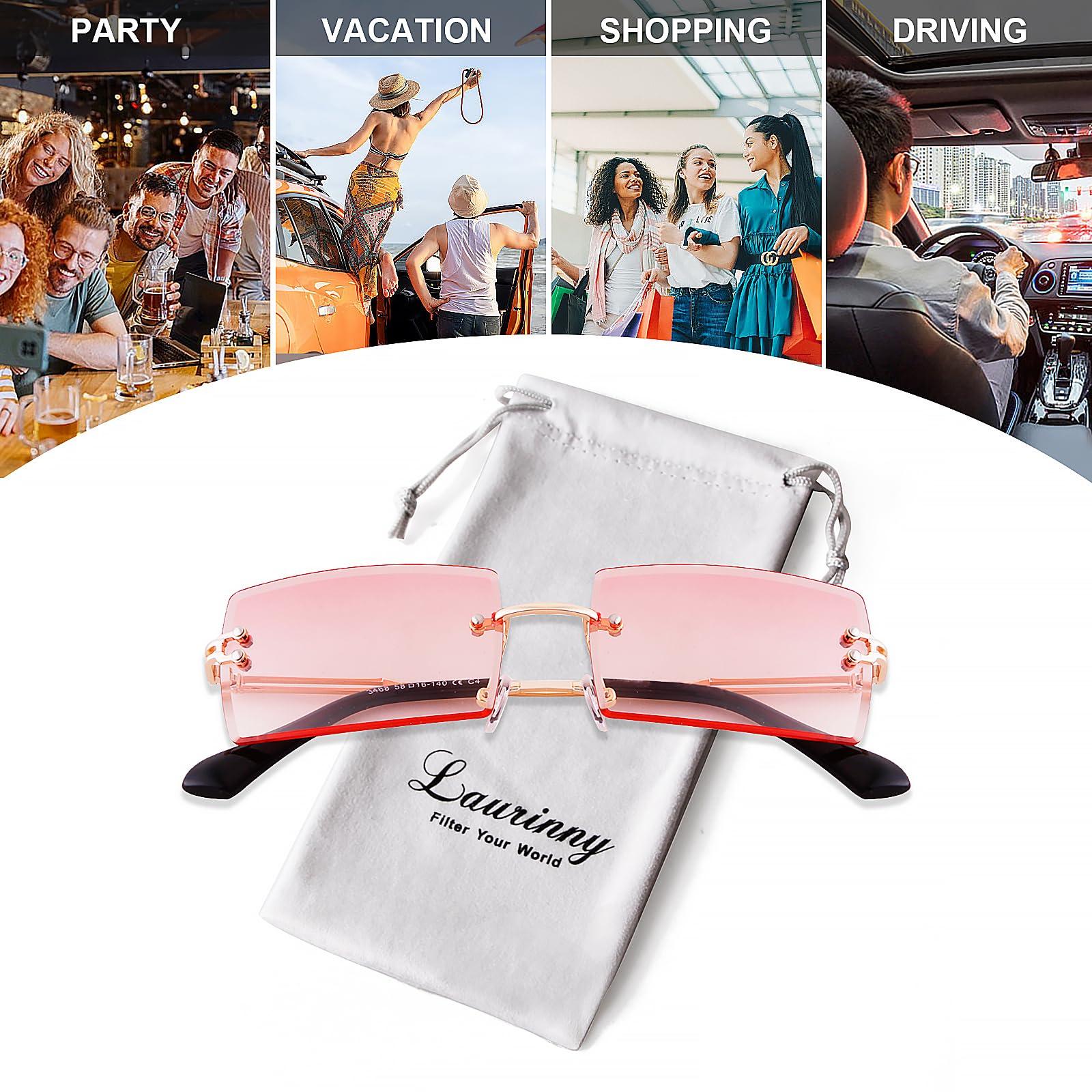 Laurinny Laurinny Rimless Rectangle Sunglasses for Women Fashion 90s Frameless Square Pink Tinted Sun Glasses