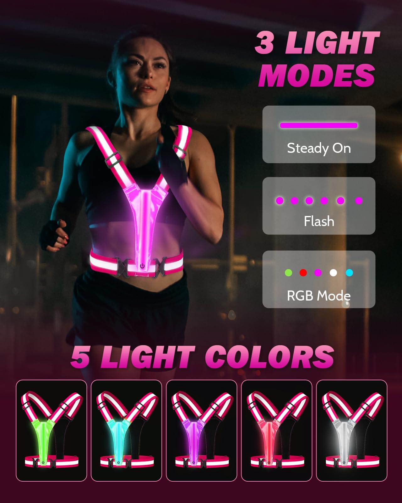 Fitense XL Size - LED Reflective Running Vest, 5 Colors Light Up Running Vest Rechargeable Running Lights for Runners High Visibility Reflective Running Gear, Adjustable for Men and Women