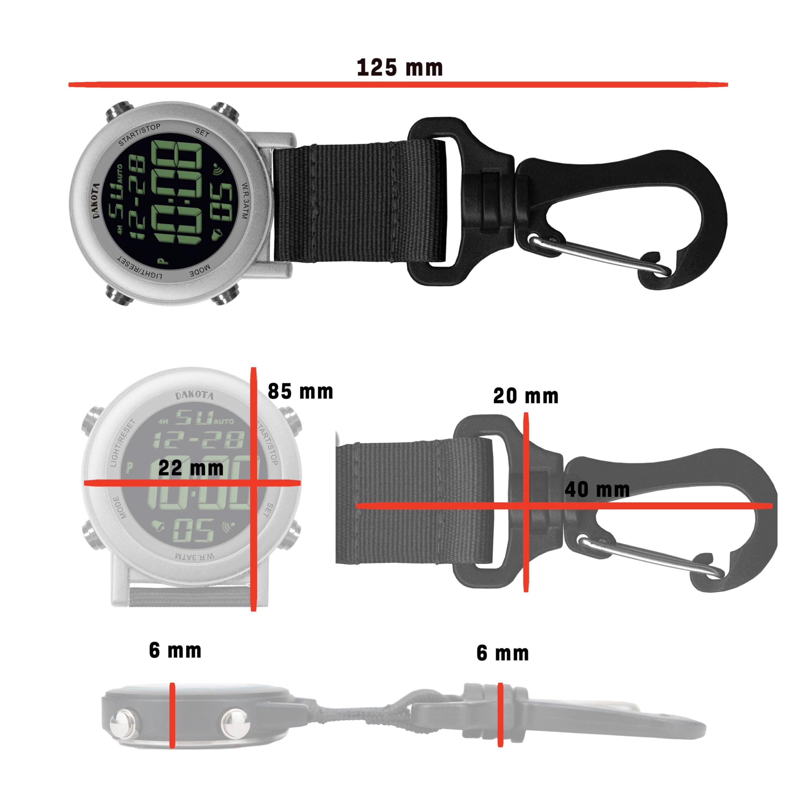 Dakota Dakota Digital Clip, Alarm, StopWatch, Timer and Dual Time Watch, Fob Watch, Outdoor Gifts for Men and Women, Tactical Digital Watch, Clip on Watch
