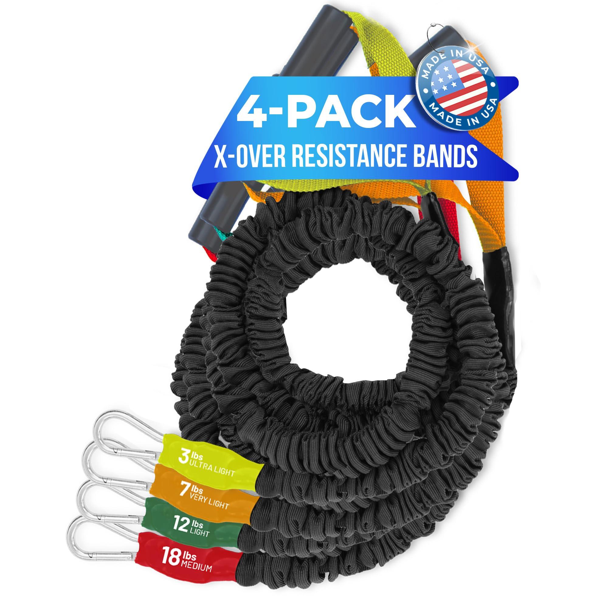 FITCORD X-Over Resistance Bands: Strengthen Shoulders, Reduce Pain, Prevent Injury, Ideal for Dynamic Warmups & Rehab, with Safety Sleeve to Protect from Over-Stretching - 4 Pack (3lb, 7lb, 12lb & 18lb)