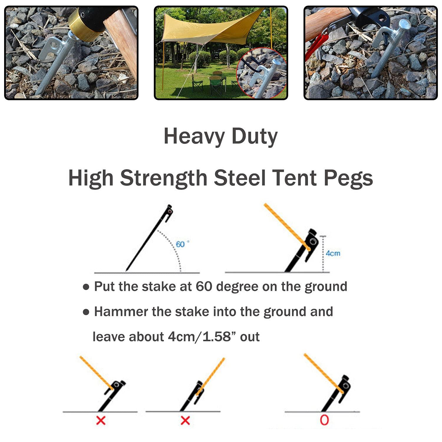 RIY 8 Pack Tent Stakes Heavy Duty 12 inch Steel Tent Pegs for Camping Unbreakable and Inflexible-Silver