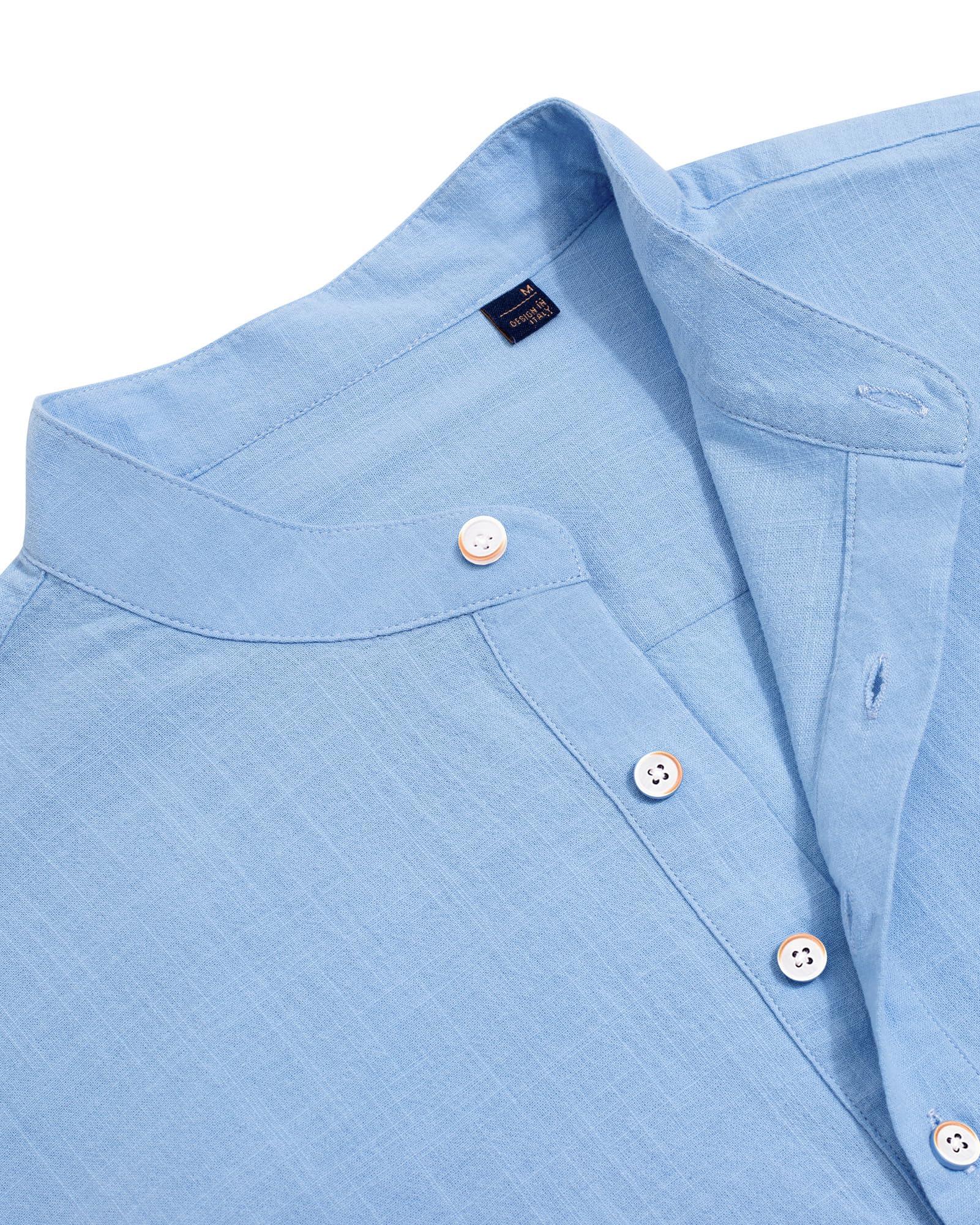 J.VER J.VER Men's Banded Collar Linen Shirts Long Sleeve Slim Fit Button Down Shirts Beach Wedding Shirt with Pocket Light Blue X-Large