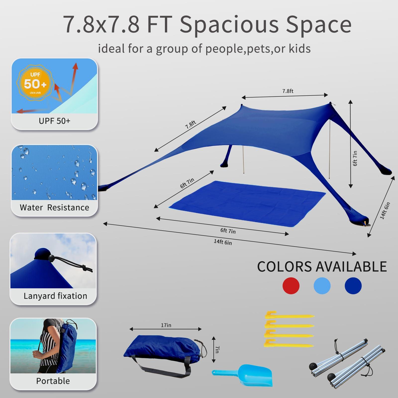 CUUPO 77 FT Beach Tent Sun Shelter UPF50+ UV Protection, Outdoor Canopy Tent Sun Shade with 2 Poles for Camping, Beach, Fishing, Backyard and Picnics Navy