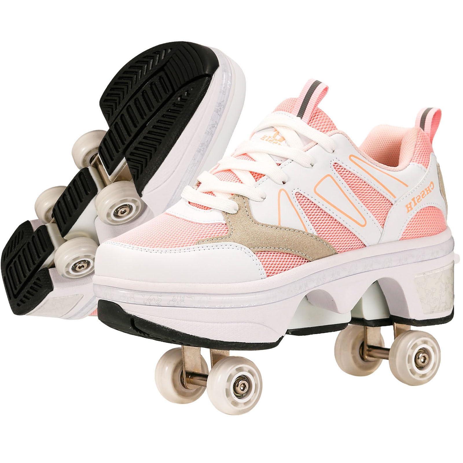 CHSSIH Roller Skate Shoes for Girls, Kids, Women & Adults Retractable Shoes with Wheels | Pop-Out High Roller Skating Shoes That Turn Into Sneaker Skates - Pink, 7