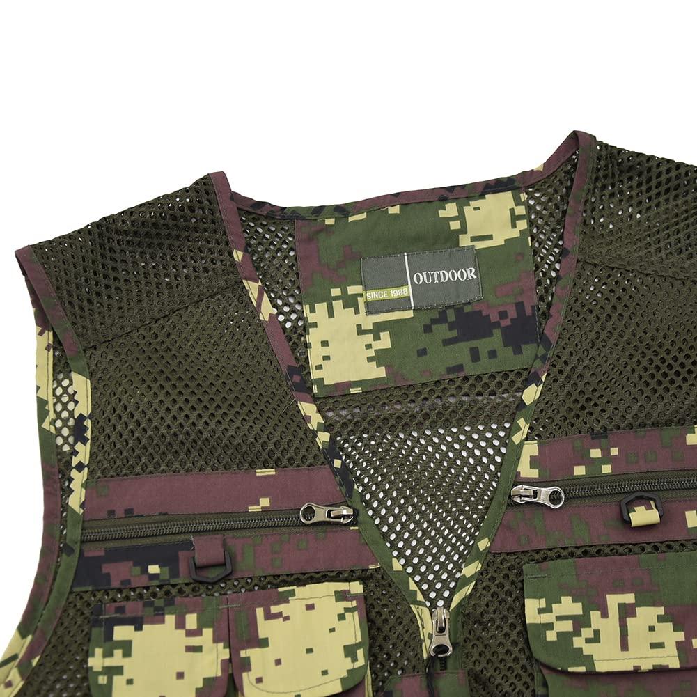 Ziker Ziker Men's Mesh Breathable Openwork Camouflage Journalist Photographer Fishing Vest Waistcoat Jacket Coat (US, Alpha, Large, Regular, Regular, Green-Camouflage)