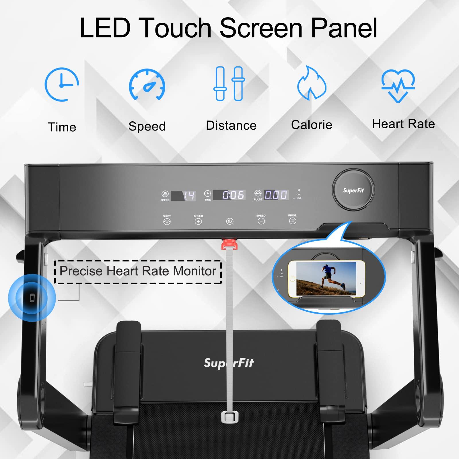 Goplus Goplus 4.0HP Heavy Duty Folding Treadmill, Electric Foldable Superfit Treadmill with LED Touch Screen, Heart Rate Belt, Fatigue Button, Blue Tooth Speaker, Walking Running Machine for Gym, Home