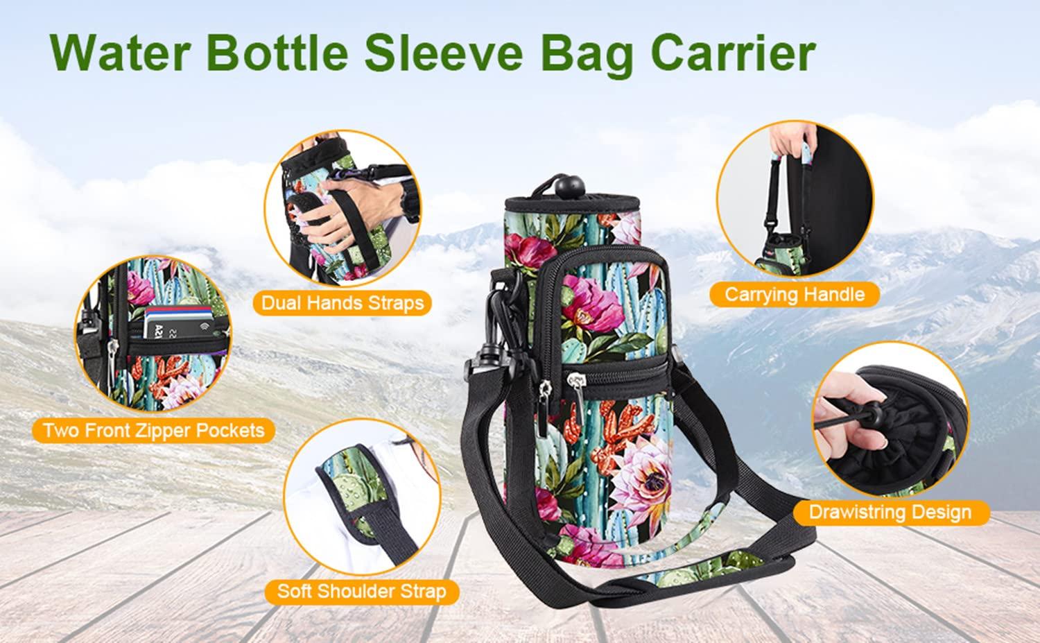 WINTOJO WINTOJO Neoprene Water Bottle Carrier Bag Holder 25oz 32oz 40oz 64oz Insulated Water Bottle Sling Sleeve Case Cover with Strap Pockets for Men Women School Walking Hiking Running (40oz, cactus)