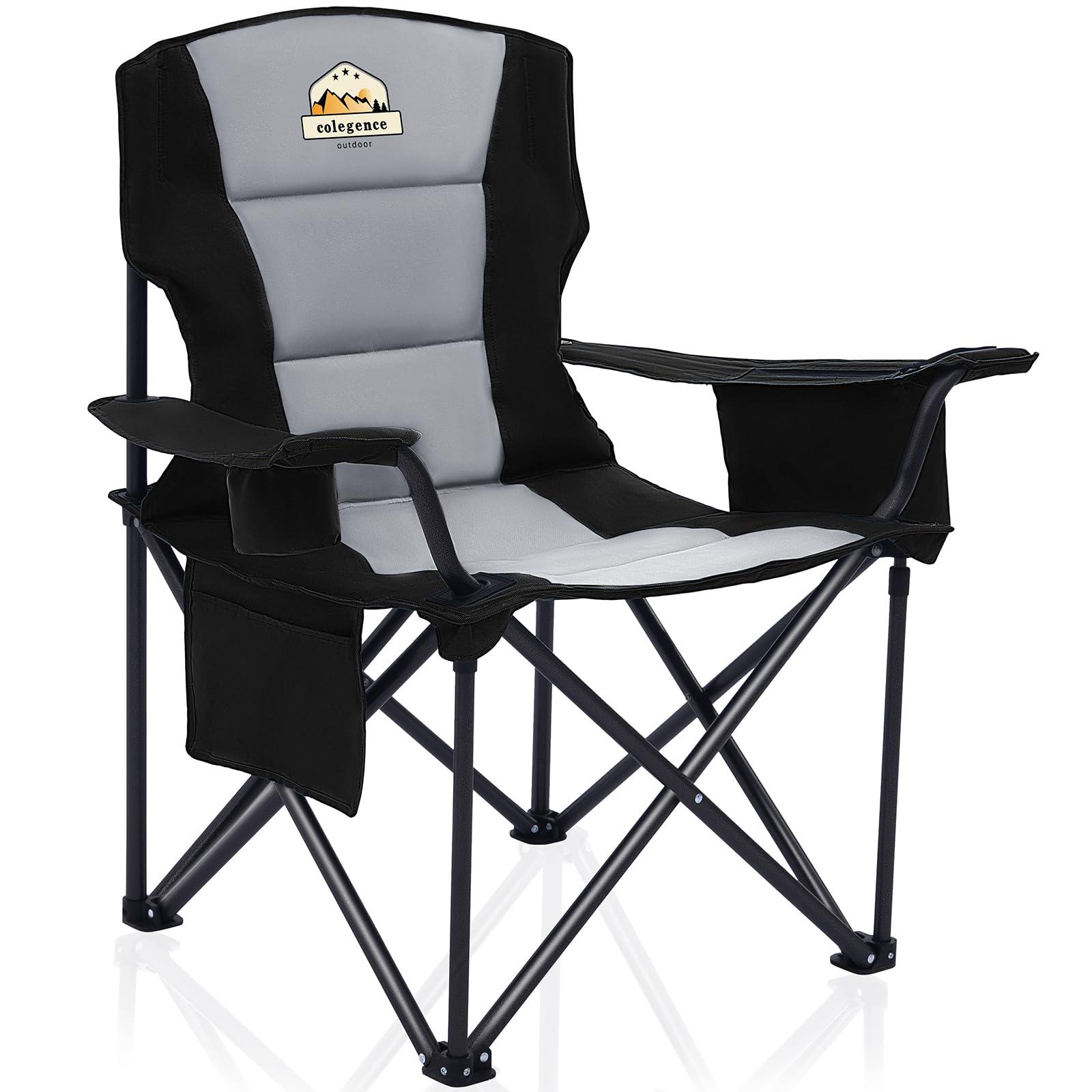 Colegence Colegence Oversized Folding Camping Chairs - 450 LBS Support Heavy Duty Camp Chair with Padded Cushion, Portable Outside Chairs with Carry BagCooler, Cup Holder for Outdoor, Lawn, Sports - Black