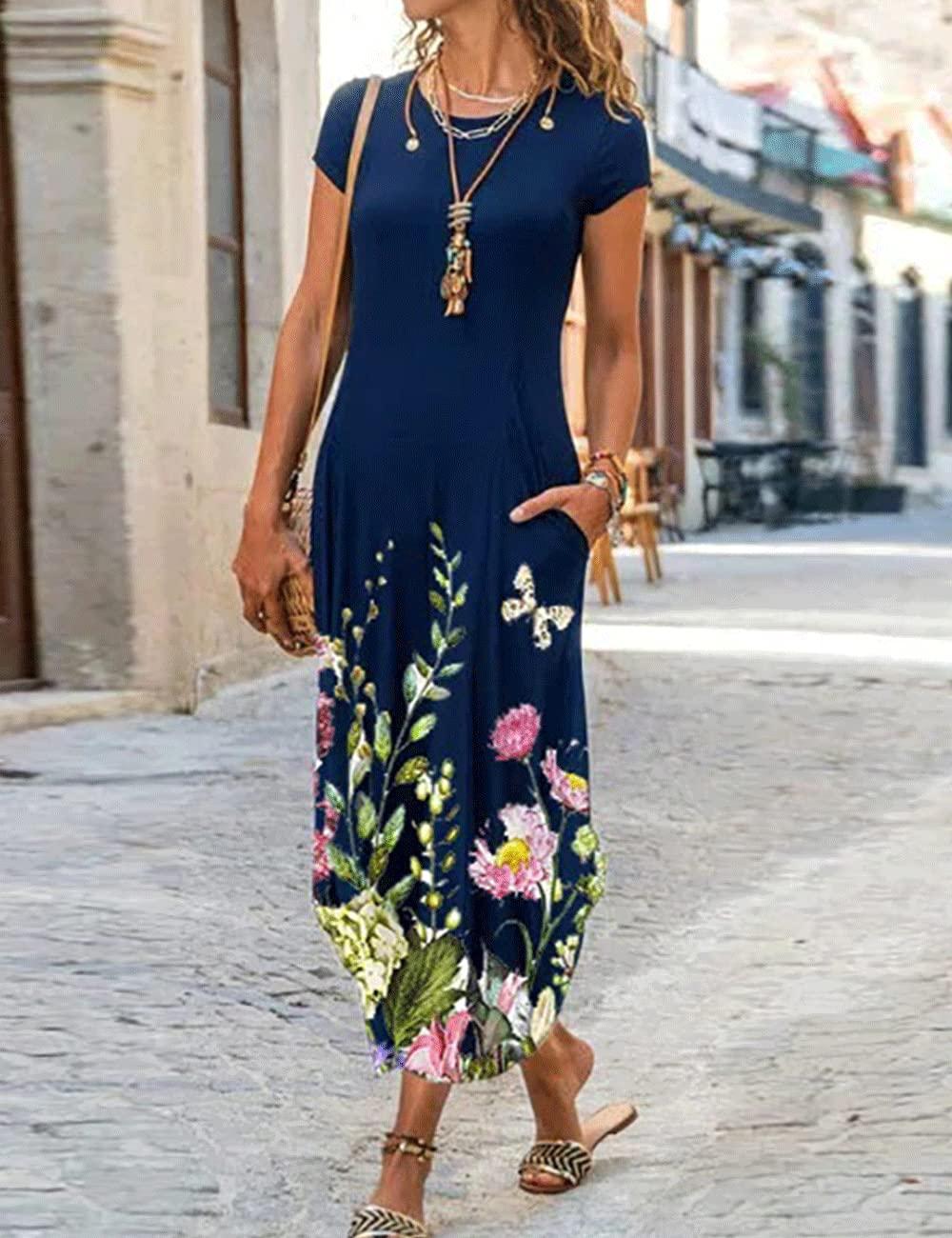 AHAIJ AHAIJ Women Summer Casual Maxi Dress Floral Printed Loose Pockets Short Sleeve Split Boho Dresses (Navy Blue,XX-Large)