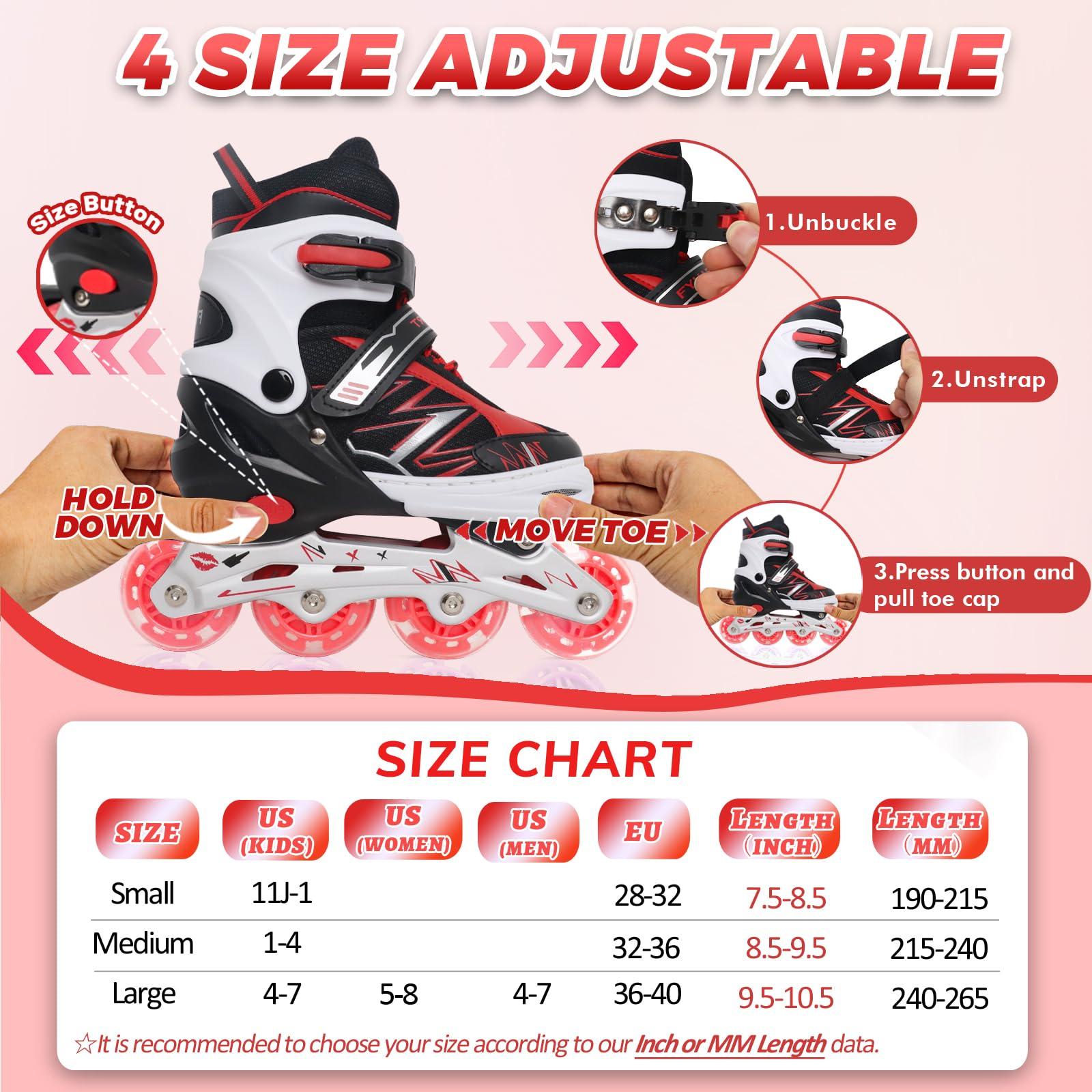 LEJIJIT LEJIJIT Adjustable Kids Inline Skates for Girls Boys Children Beginners, Black & Red Inline Skates with Light Up Wheels for Kids and Youth for Indoor Outdoor Sports (Medium)