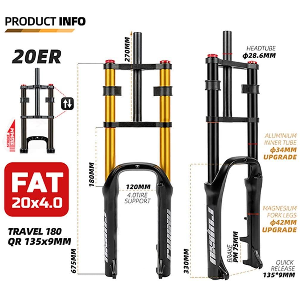 QHIYRZE QHIYRZE Fat Bike Fork 20 Inch Bike Suspension Fork Travel 110mm Air Fork 28.6mm Straight Double Shoulder Front Fork Rebound Adjustable for 4.0\" Tire Snow Beach E-Bike