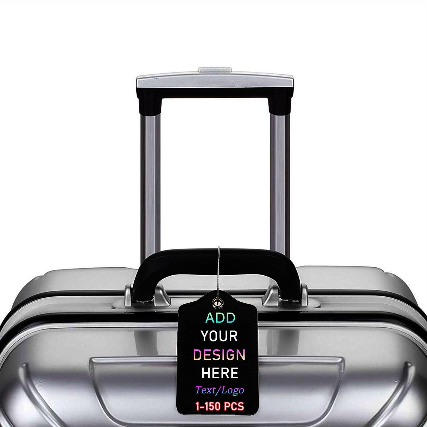 Pzwqkyn Custom Luggage Tag Personalized Your Own Text, Image, Photo, Logo Customized Travel Suitcases Labels Tags with Full Privacy Card and Stainless Steel Loop, 1 PCS PU Leather Baggage Tags, Black