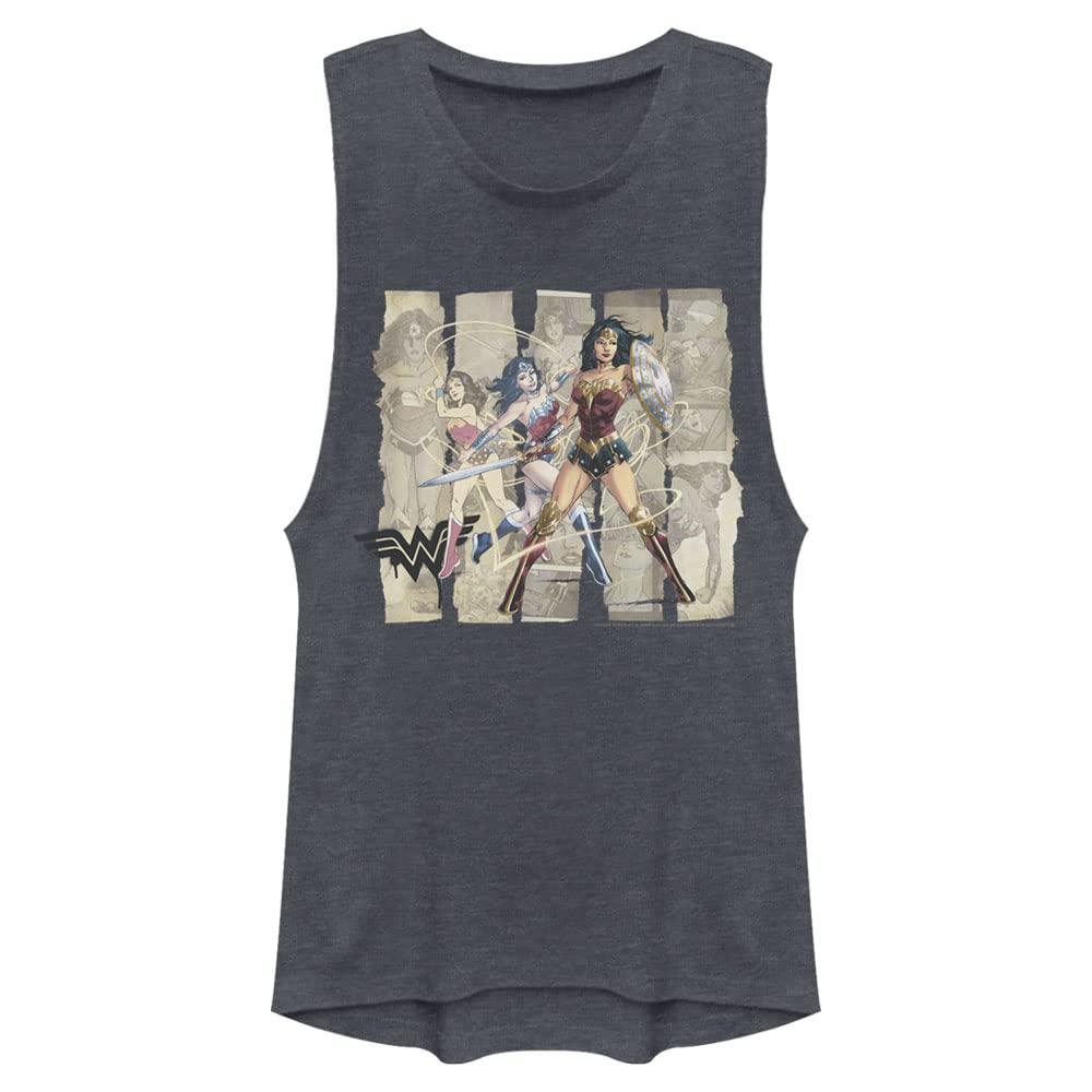 WARNER BROS Warner Brothers Wonder Woman Paper Panels Women's Muscle Tank, Denim Blue Heather, X-Large