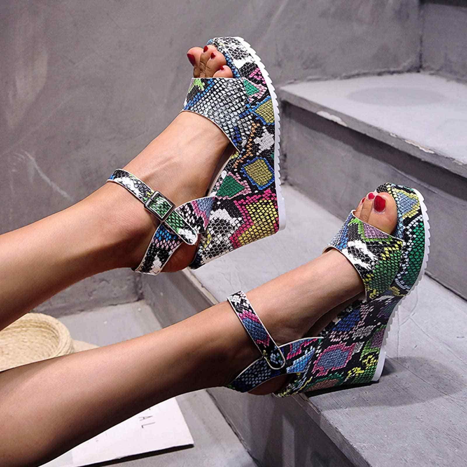 ZBYY ZBYY Women Wedge Sandals,Summer Slip On Snakeskin Sandals Open Peep Toe Dress Pumps Platform Sandals with Ankle Strap