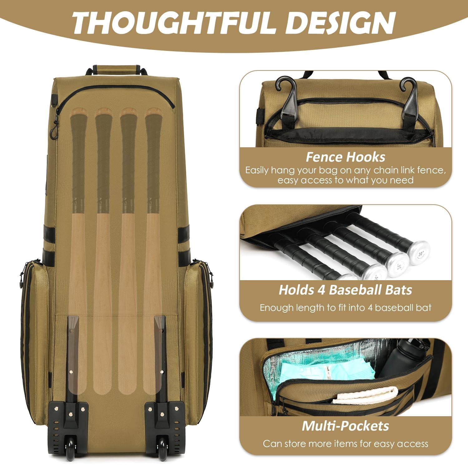 SunForMorning SunForMorning Large Catcher Gear Bag with Wheels Rolling Baseball Catcher Bag Tactical Style for 4 Bats with Multiple Pockets & Fence Hook, Brown