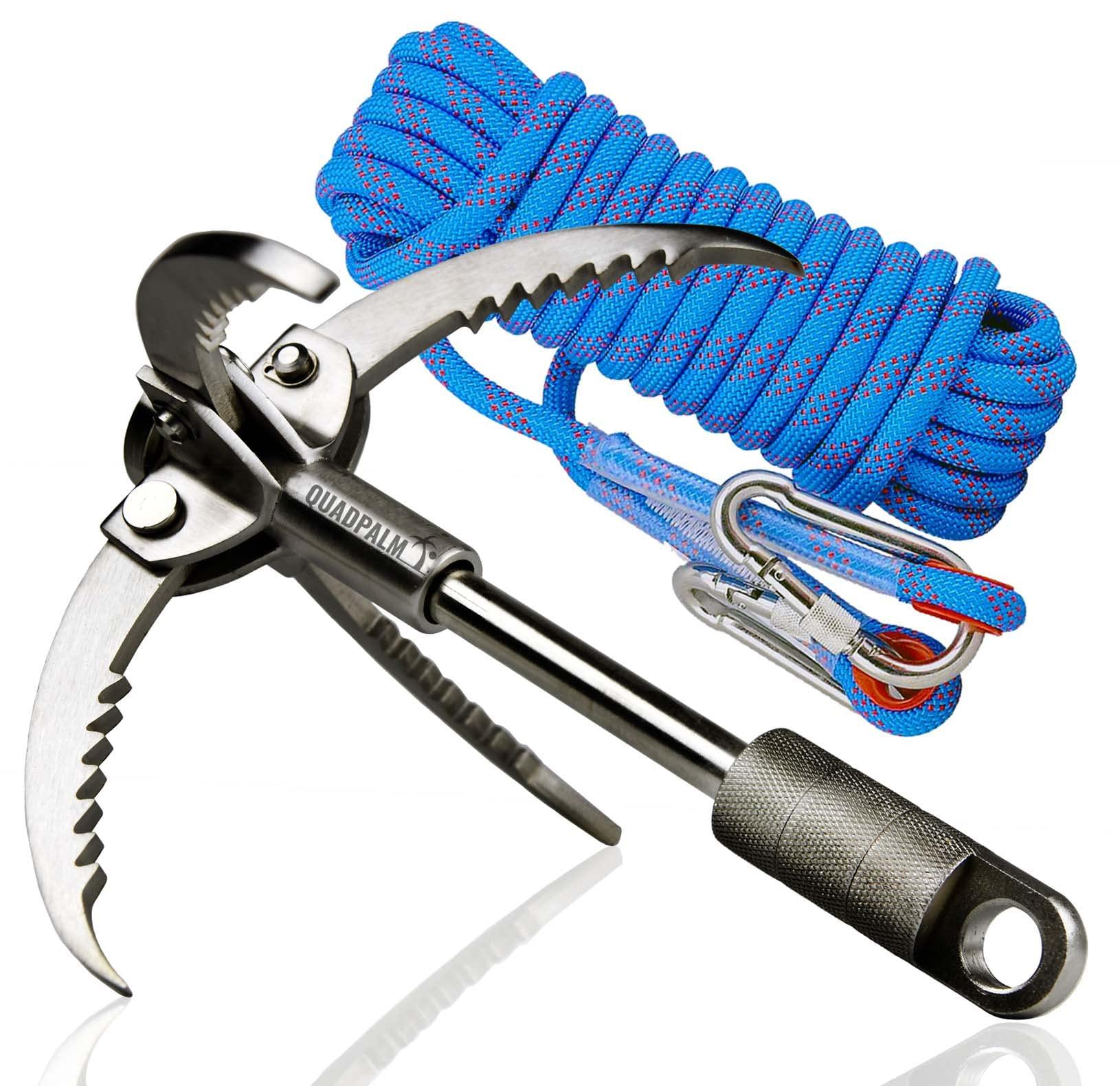 QUADPALM QUADPALM Grappling Hook and Blue Rope 10M (32ft) - Multifunctional Heavy Duty Survival Hook - 2 Locking Carabiner - 4 Stainless Steel Folding Claws - Survival Gear - Outdoors Camping Hiking Gear
