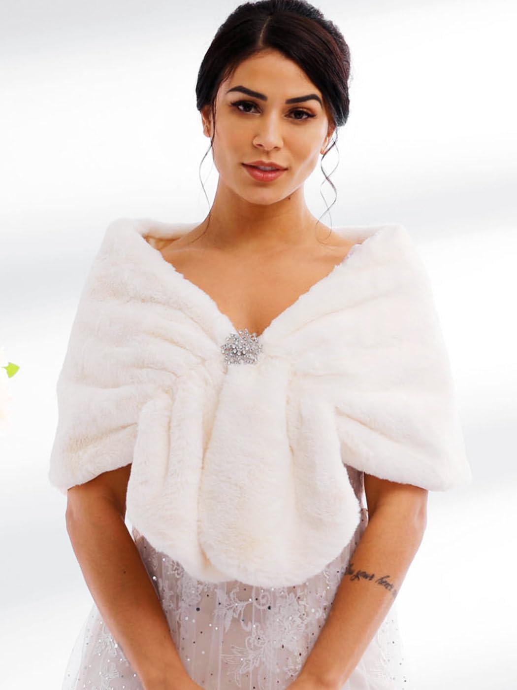 Zehope Zehope Wedding Faux Fur Shawl Wrap Winter Stole Shrug Bridal Evening Cape Scarf Cover Up for Bride and Bridesmaids (Ivory)