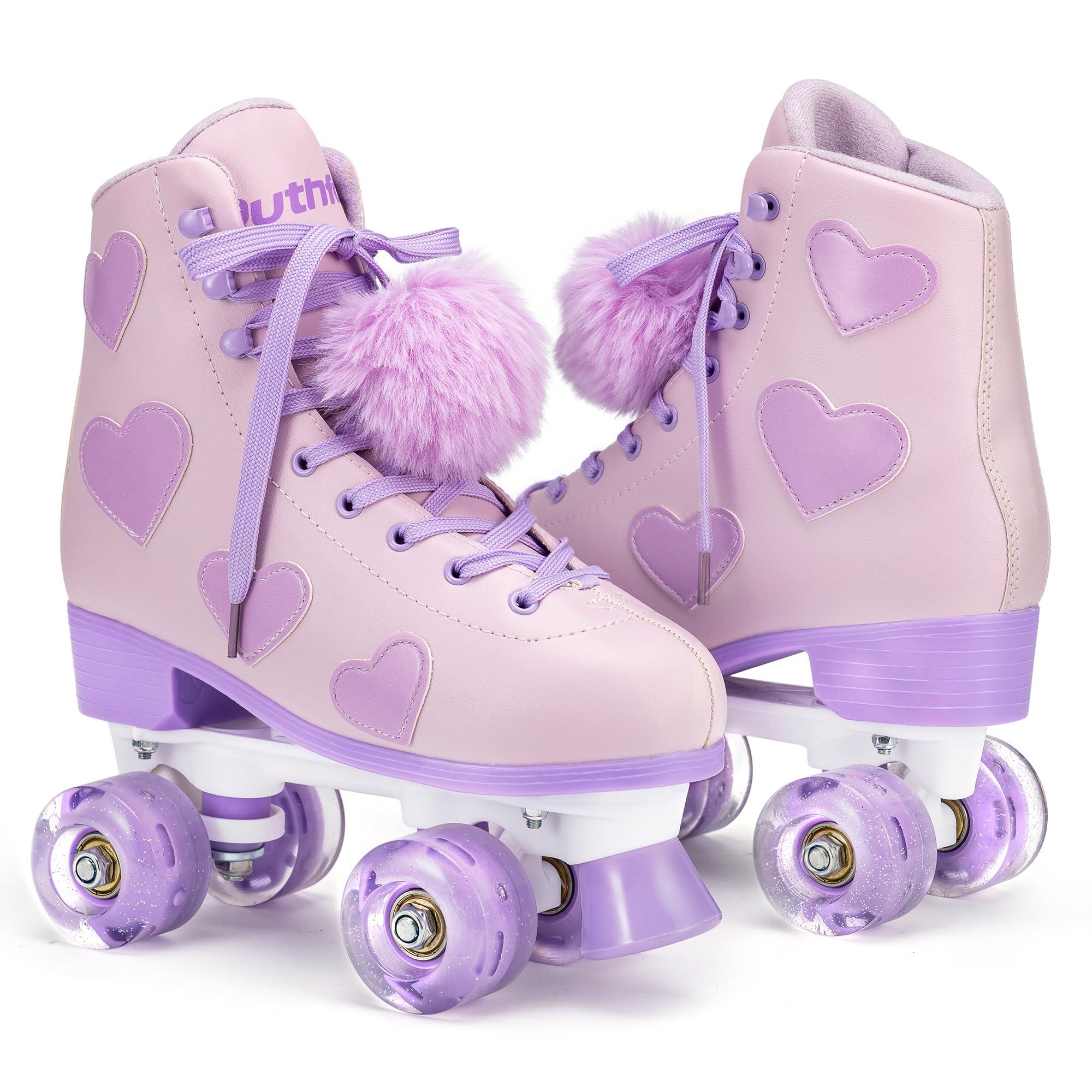 Ruthfot Ruthfot Women's and Girl's Classic Roller Skates with Light up Wheels and Love Heart Pattern, High-top PU Leather Rollerskates