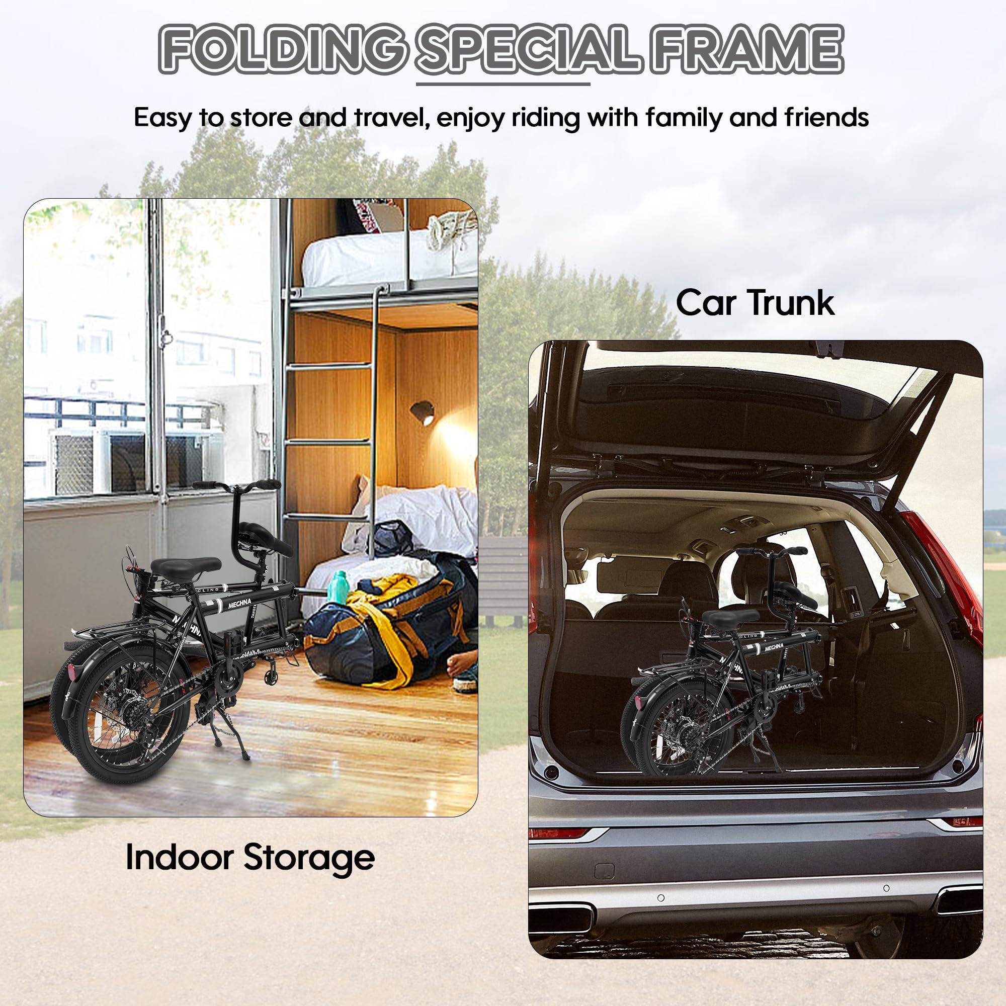 BGGFNZ Foldable Tandem Bike, 20 Inch Family Tandem Bikes for Adults, Adjustable 7-Speed Tandem Bicycles Beach Cruiser Bike for Travel and Couple Riding, High Carbon Steel Frame