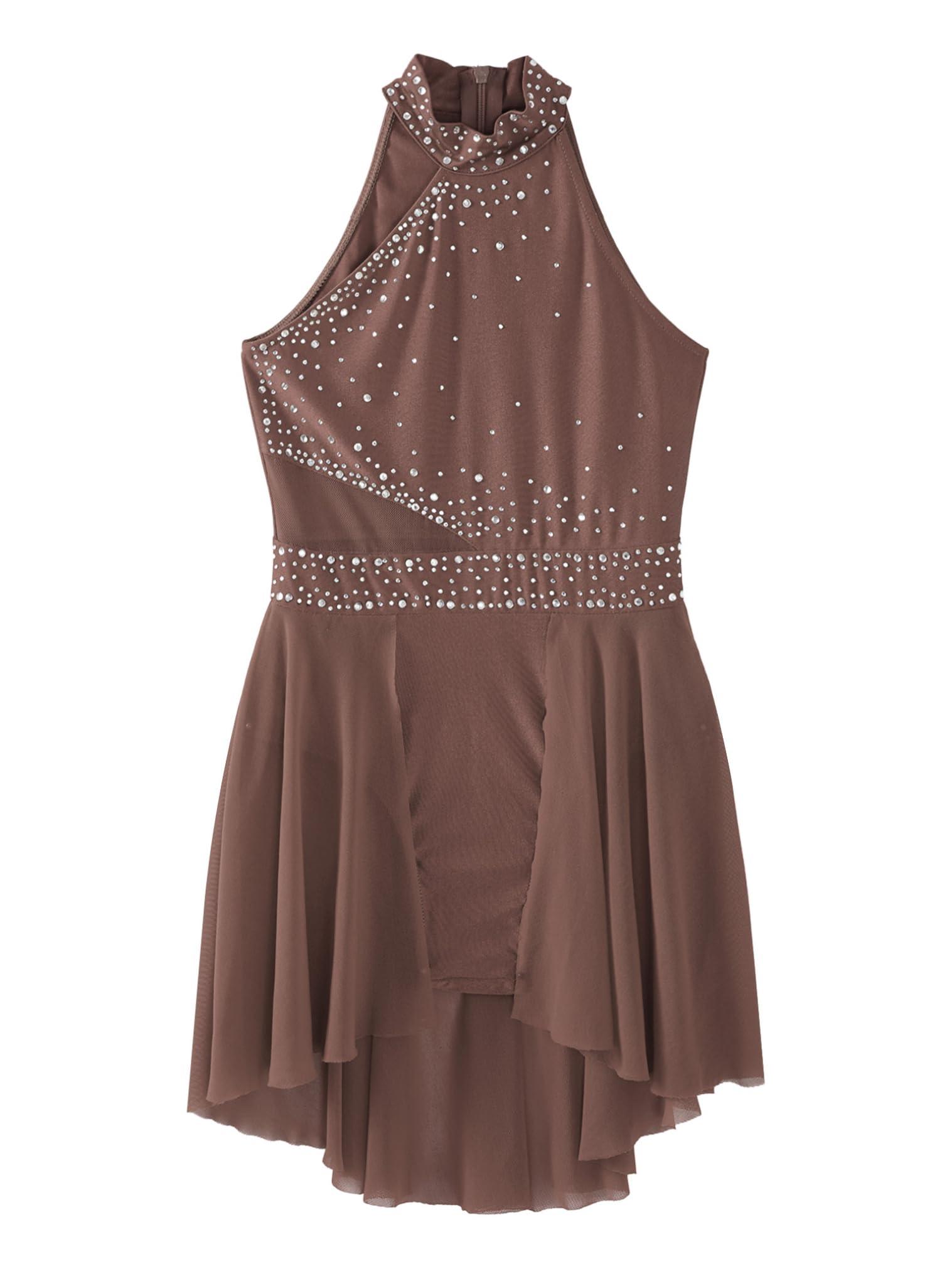 JEATHA JEATHA Kids Girls Rhinestone Sleeveless Mock Neck Roller Skating Dress Gymnastic Leotard Ballet Dance Costume Dusty Pink B 16