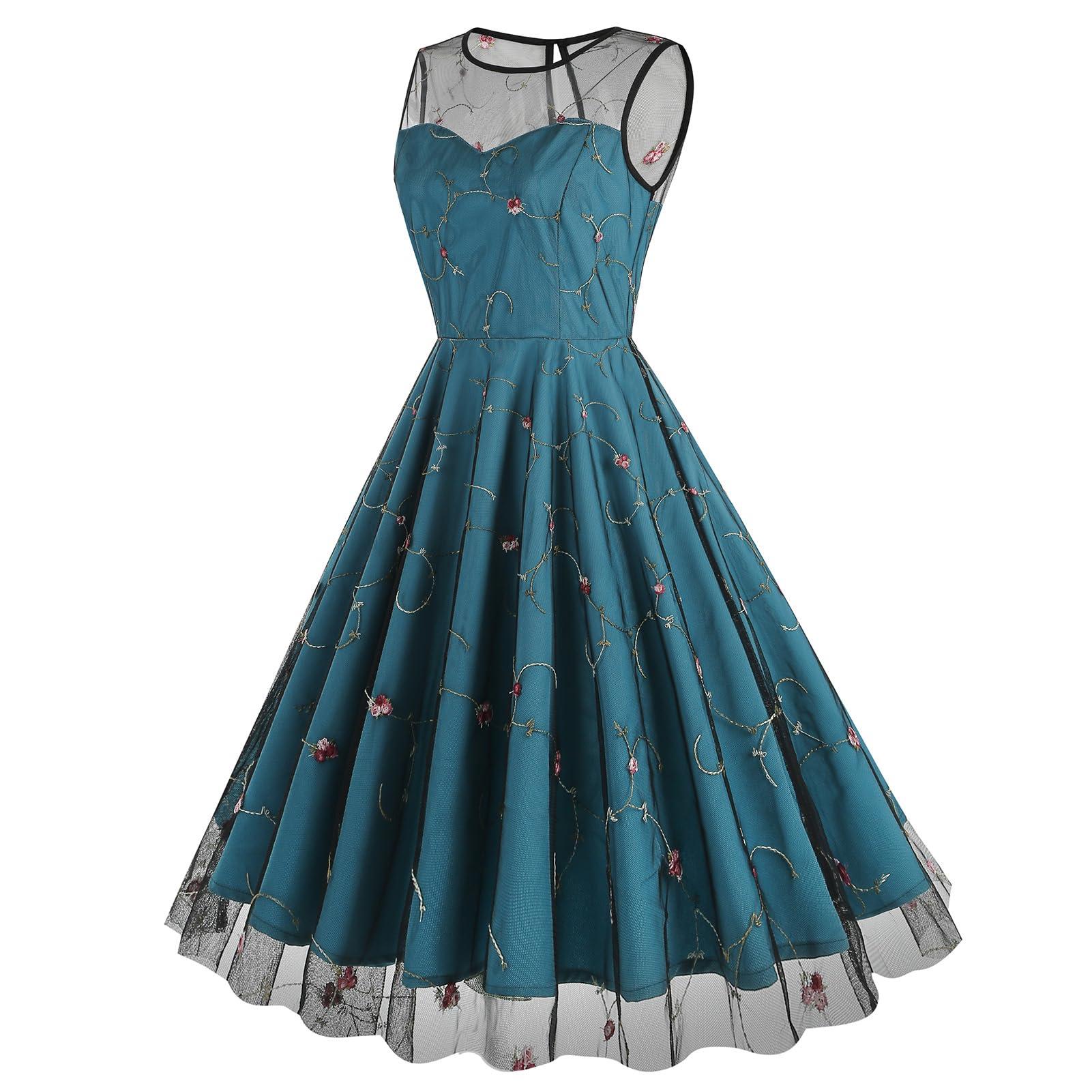 ODOLDI Women Keyhole Floral Embroidery Dress Sheer Mesh Floral Embroidered Dresses Sleeveless Flower Embroidery Tulle Dress for Women Vintage Cocktail Prom Dresses Peacock Blue Floral Small