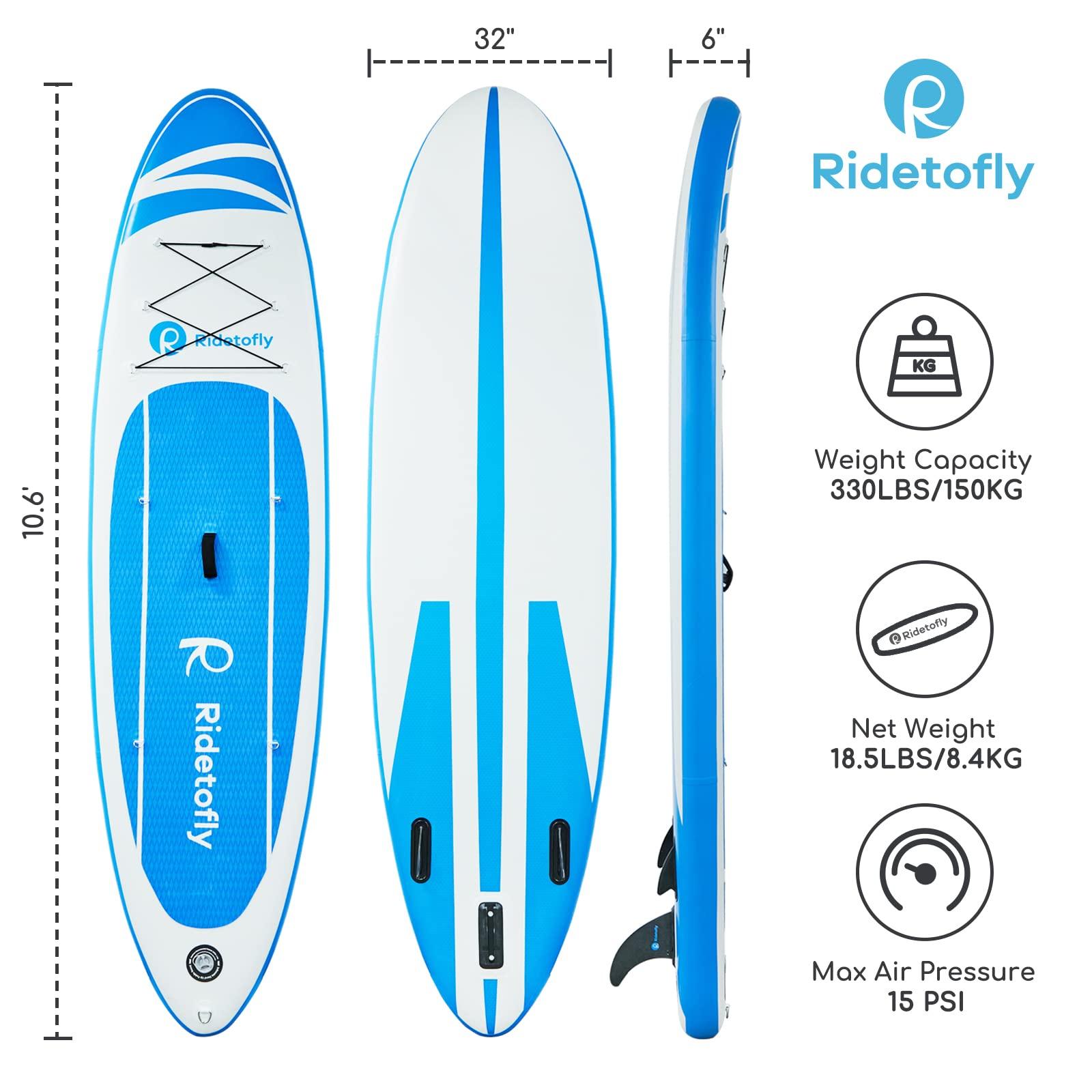 Ridetofly Ridetofly SU01 Stand Up Paddle Board, 10.6\'x32\'\'x6\'\' Inflatable Paddle Board with SUP Accessories, Included Hand Pump, Adjustable Paddle/Seat, Waterproof Bag, for Yoga, Fishing, Touring, Light-Blue