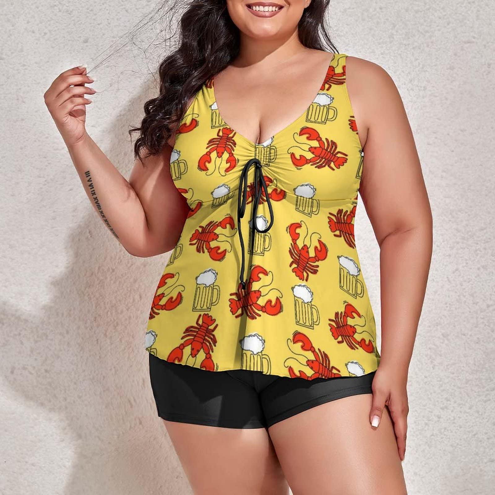 BAIKUTOUAN BAIKUTOUAN Beer and Crawfish Plus Size Swimsuit for Women Two Piece Bathing Suit Printed Swimwear