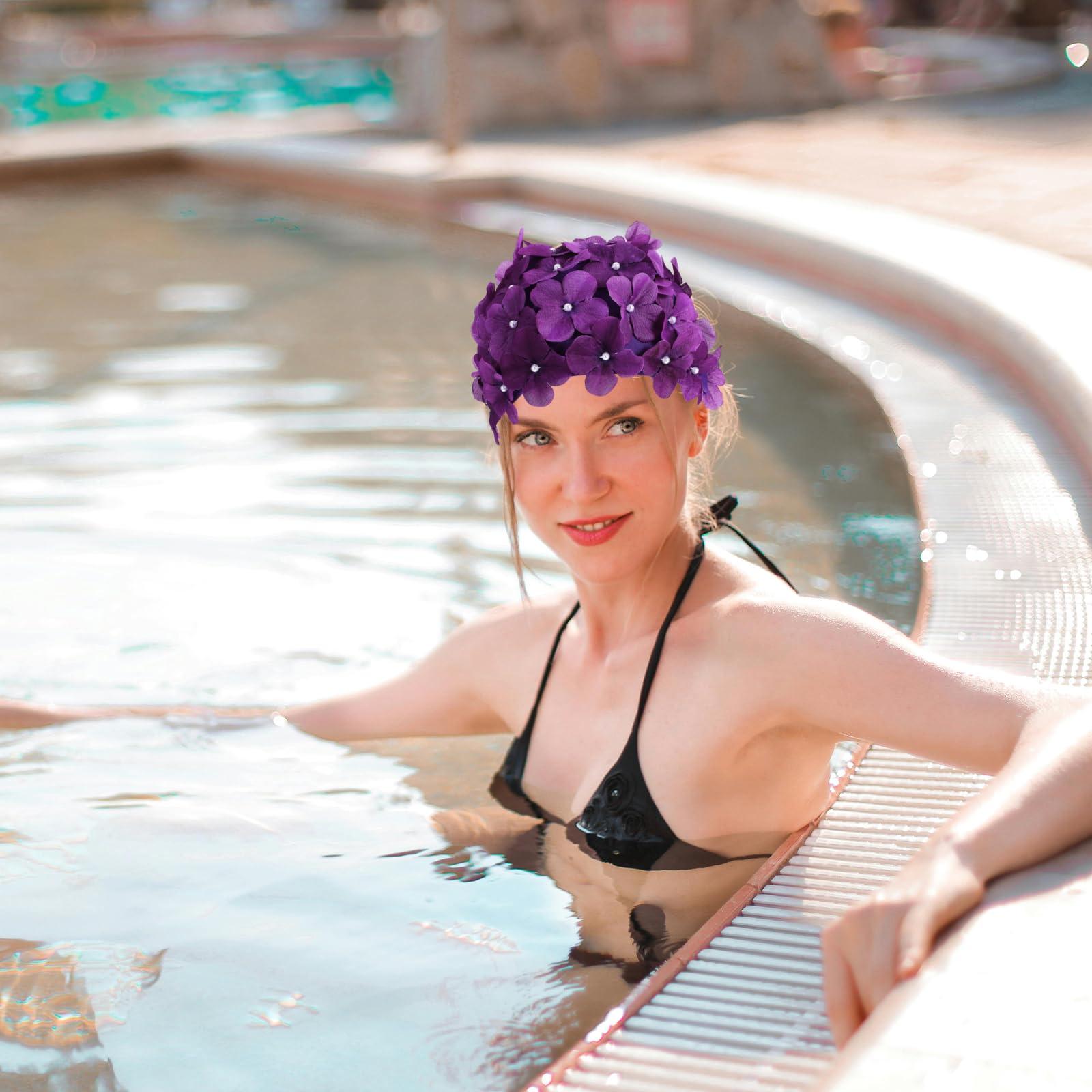 POPETPOP POPETPOP Flower Swim Cap - Floral Retro Swim Cap for Women, Funny for Long, Short Hair, Sport for Swimming Pool, Beach, Vacation(Purple)