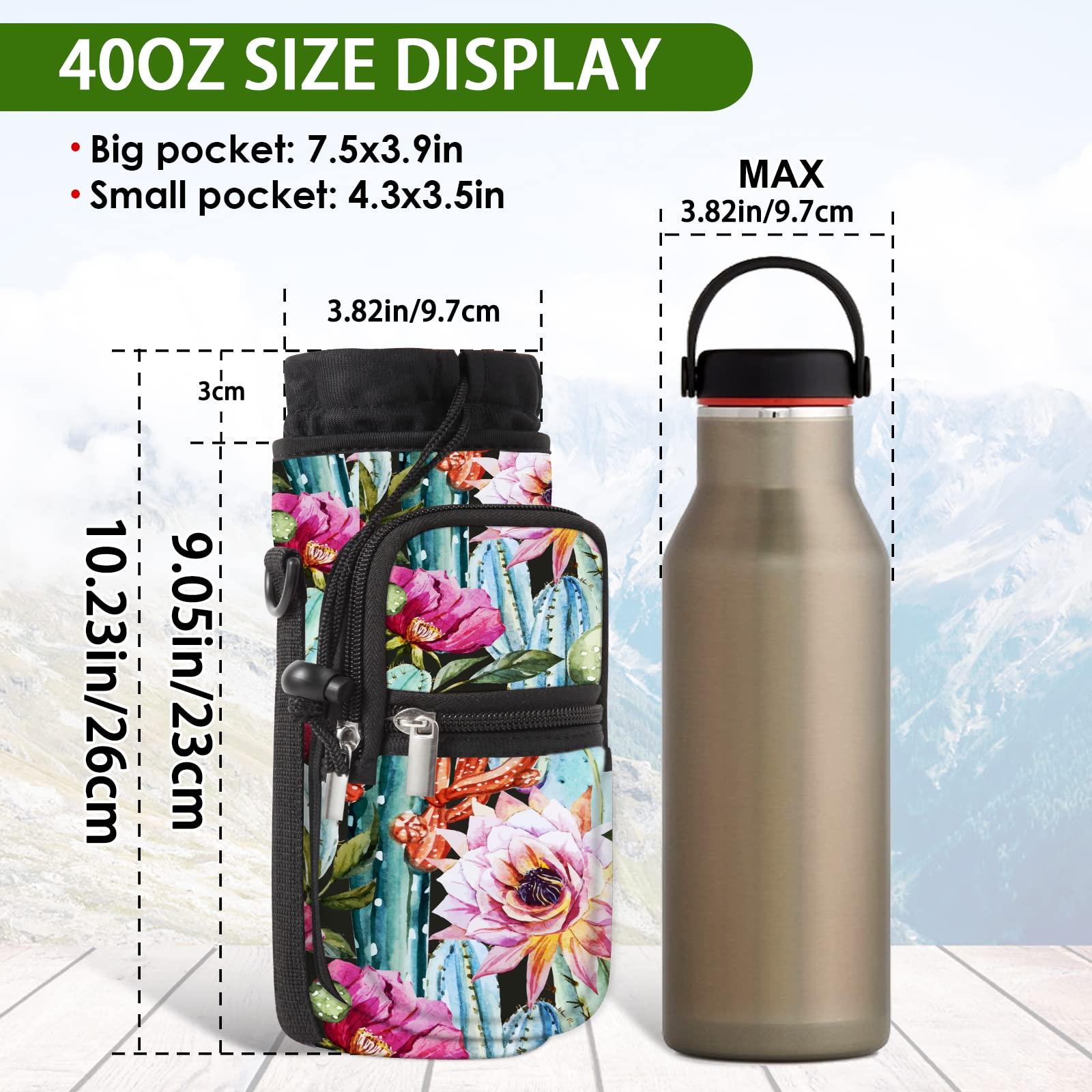 WINTOJO WINTOJO Neoprene Water Bottle Carrier Bag Holder 25oz 32oz 40oz 64oz Insulated Water Bottle Sling Sleeve Case Cover with Strap Pockets for Men Women School Walking Hiking Running (40oz, cactus)