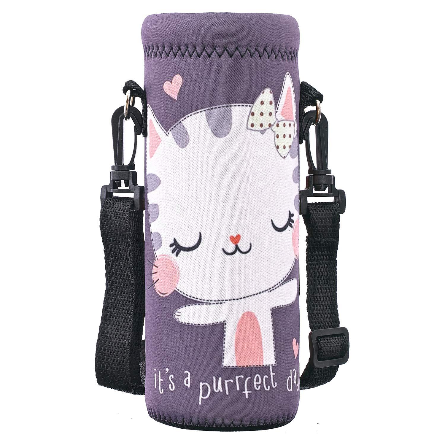 RICHEN RICHEN Neoprene Water Bottle Carrier Bag with Adjustable Shoulder Strap,Insulated Water Bottle Cover for 1000ml/32oz Stainless Steel/Glass/Plastic Bottles (Cute Cat,1000ML)