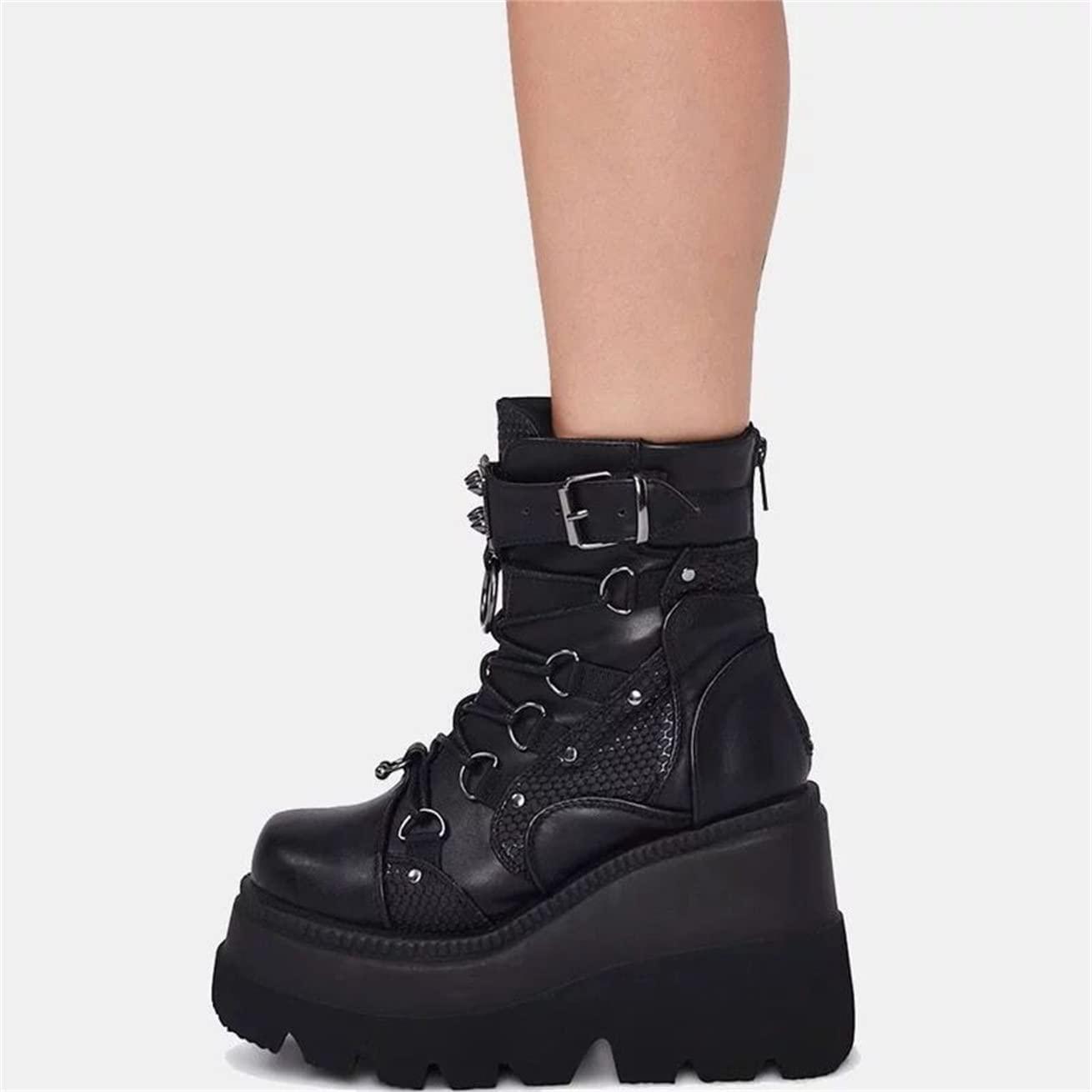 ZBYY ZBYY Women\'s Combat Ankle Boots Zipper Lace Up Chunky Military Platform Shoes Wedge Heel Studded Goth Mid Calf Combat Booties