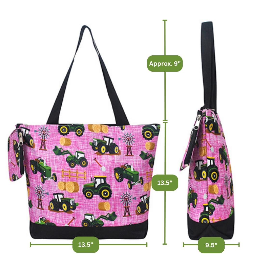 NGIL NGIL Medium Top Zipper Closure Canvas Tote Bag with Attached Matching Coin Purse For Moms and Nurses (Tractor Farm-Black)
