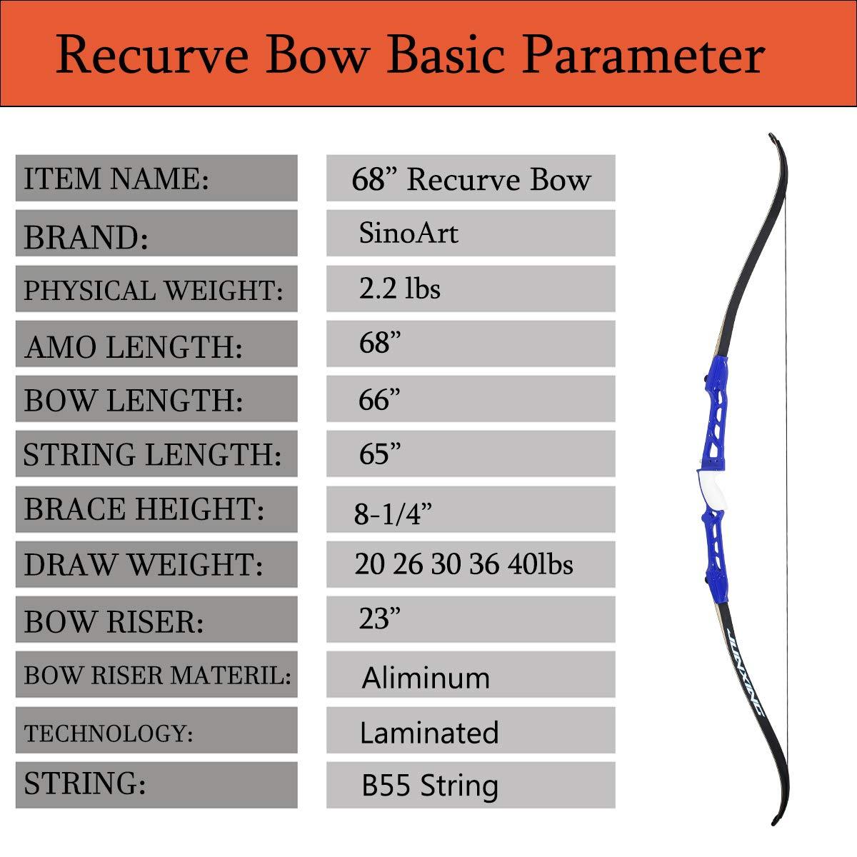 SinoArt SinoArt 68\" Metal Riser Takedown Recurve Bow Adult Archery Competition Athletic Bow Weights 20-36Lbs Right Handed Archery Kit (20Lbs, Blue)