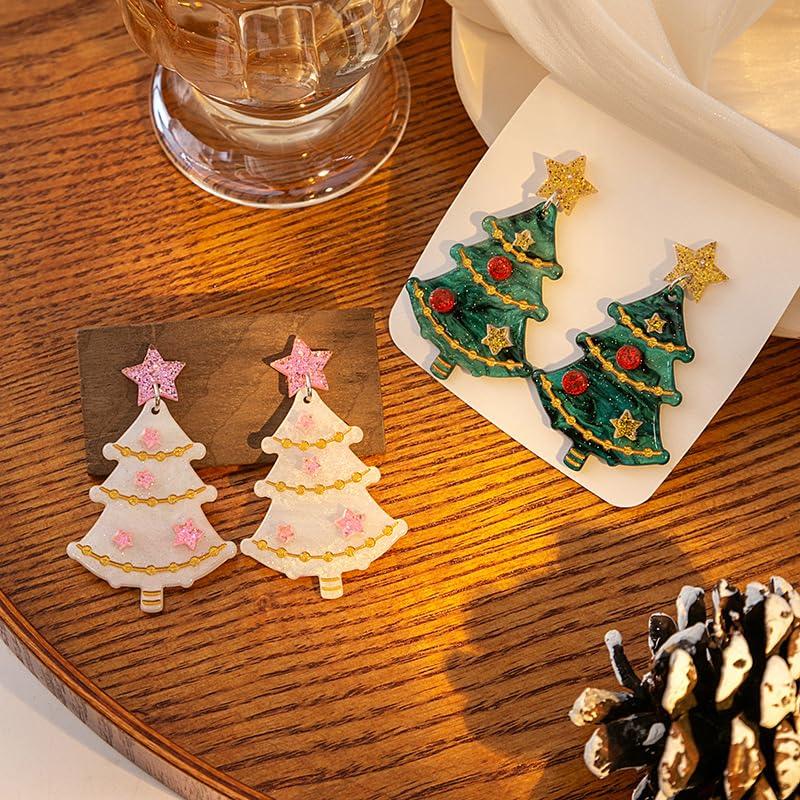 Meztole Christmas Tree Earrings Acrylic Christmas Holiday Earrings Colourful Christmas Tree Drop Dangle Earrings for Christmas Jewelry Christmas Stocking Stuffers for Women (Green)