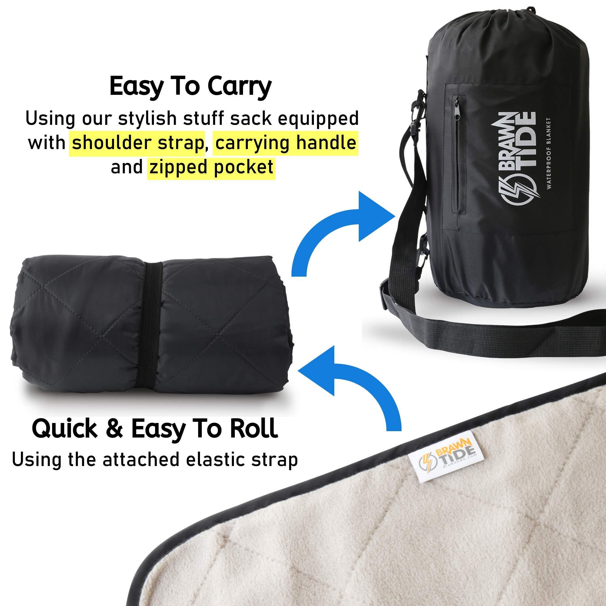 BRAWNTIDE BRAWNTIDE Large Outdoor Waterproof Blanket - Extra Thick Fleece, Warm, Windproof, Sandproof, Ideal for Camping, Picnics, Stadiums, Travel, Hiking, Pets, Dogs, Concerts, Car, SUV, Truck (Black)