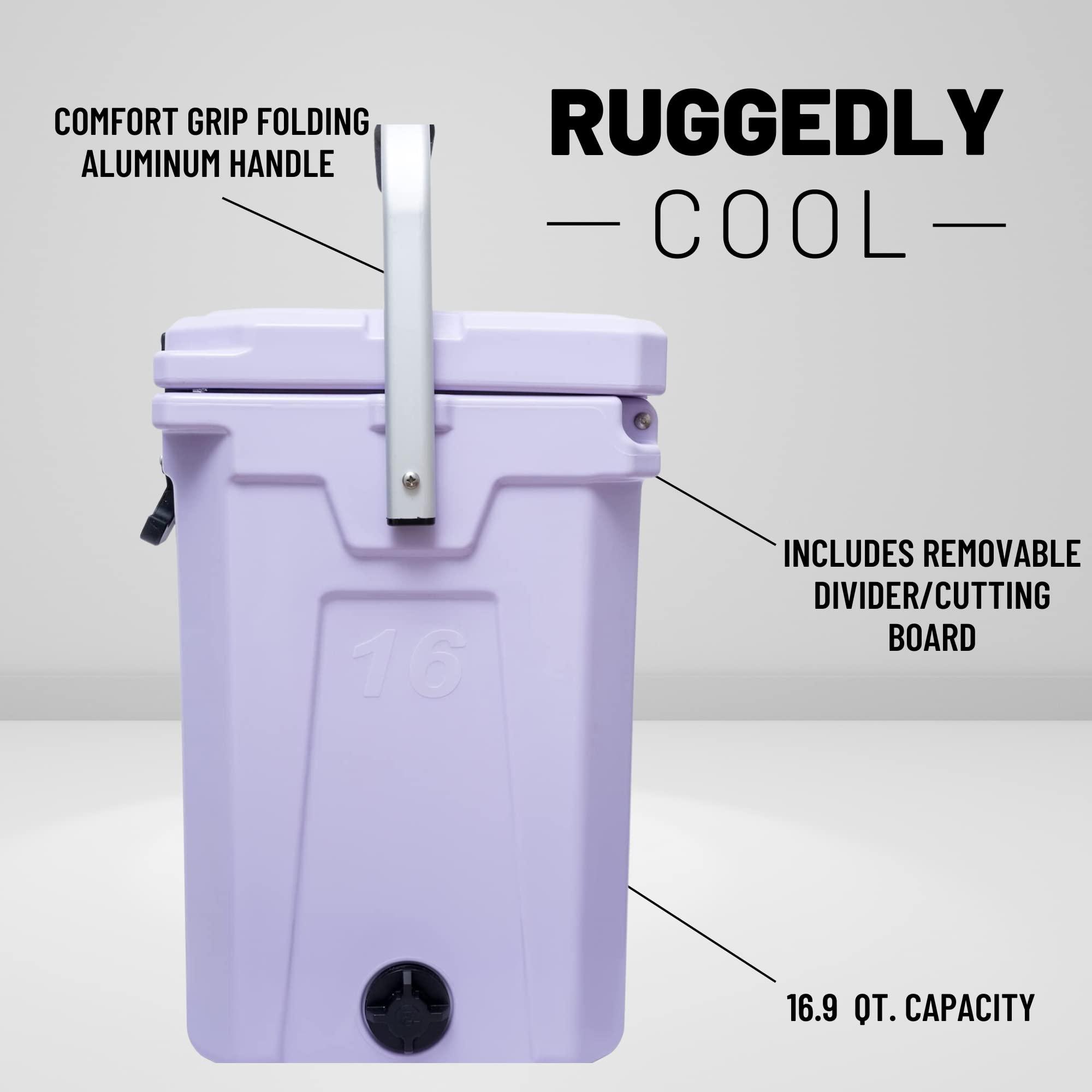 CAMP-ZERO CAMP-ZERO 16L Tall Cooler/Ice Chest with 2 Molded-in Cup Holders & Folding Aluminum Handle | Thick Walled, Freezer Grade Cooler with Secure Locking System & Removable Divider (Lavender)
