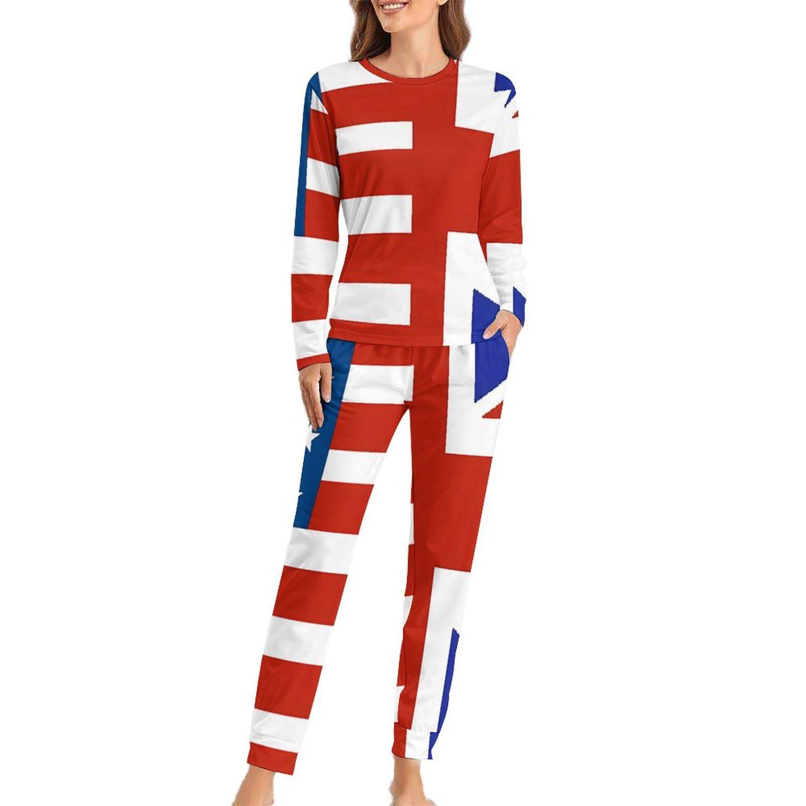 Generic U.S. And Union Jack Flag Women\'s Pajamas Two Pieces Set Long Sleeve Tops And Lounge Pants Soft Sleepwear