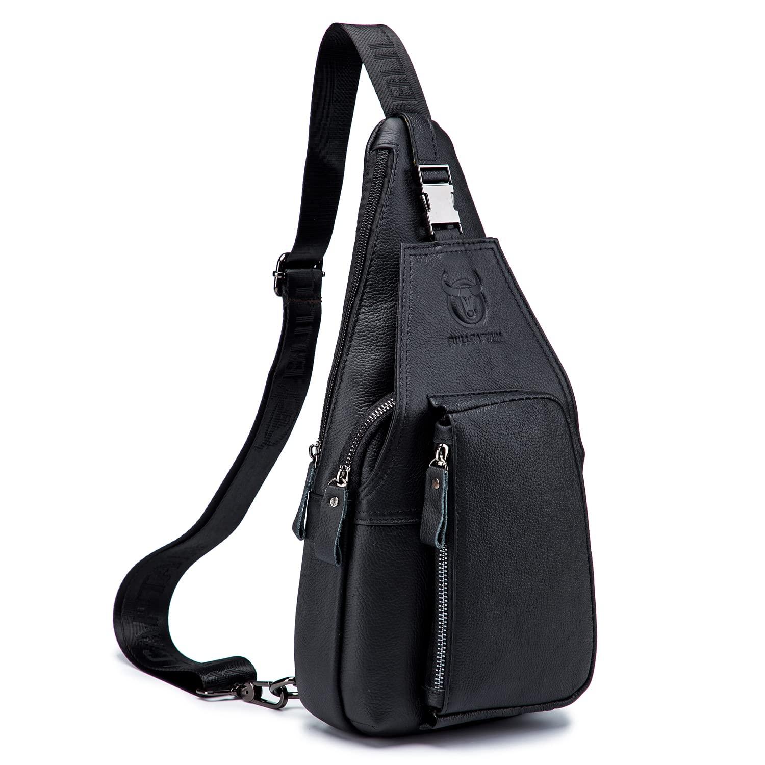 Hebetag Hebetag Leather Sling Crossbody Bag Casual Daypack for Men Women Outdoor Travel Hiking Camping Fishing Shoulder Chest Pack Day Pack, Black