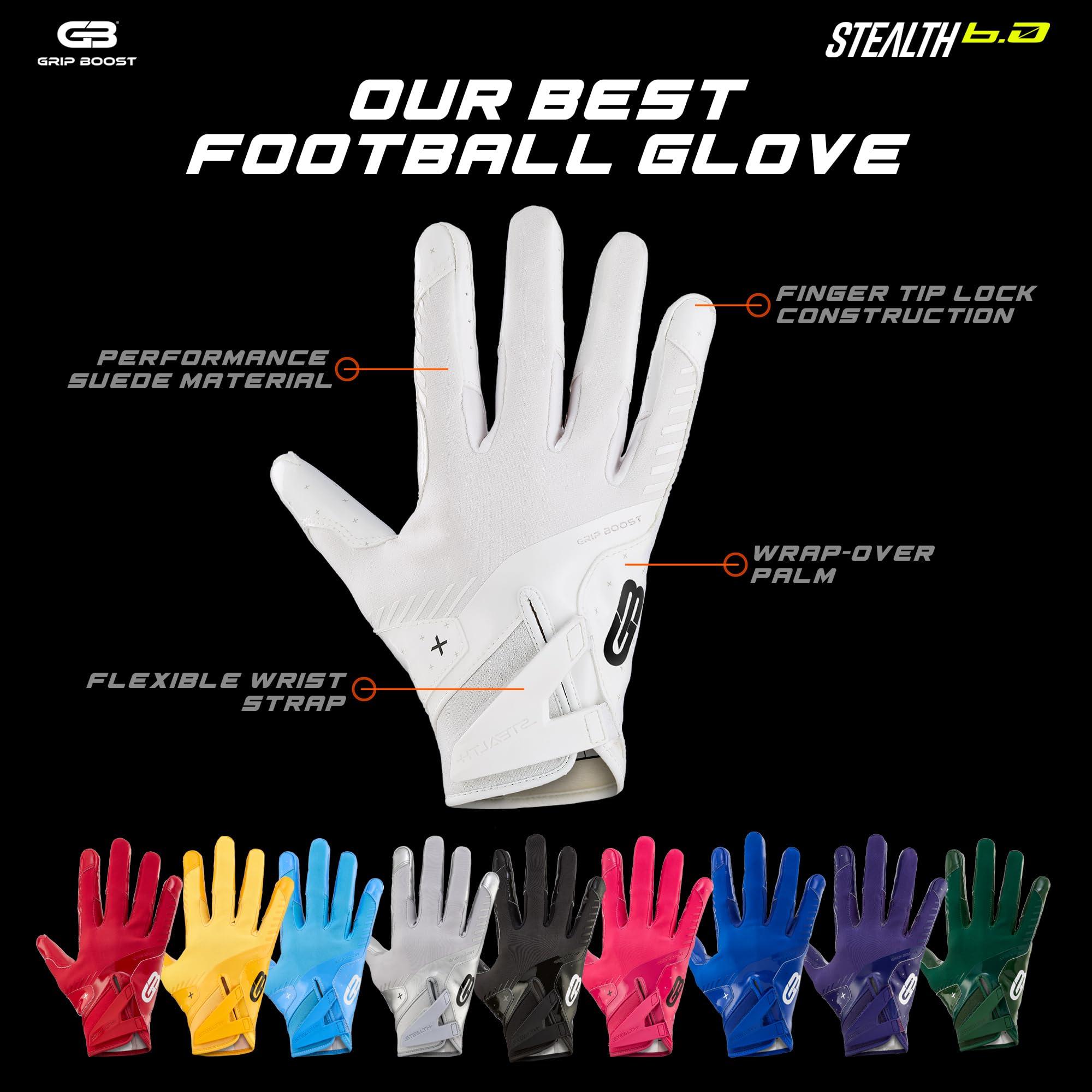 Grip Boost Grip Boost Football Gloves - Solid Stealth 6.0 Boost Plus Sticky Technology - Adult and Youth Football Gloves for Wide Receiver - Men's and Boys Sizes (Solid Chrome, Large)