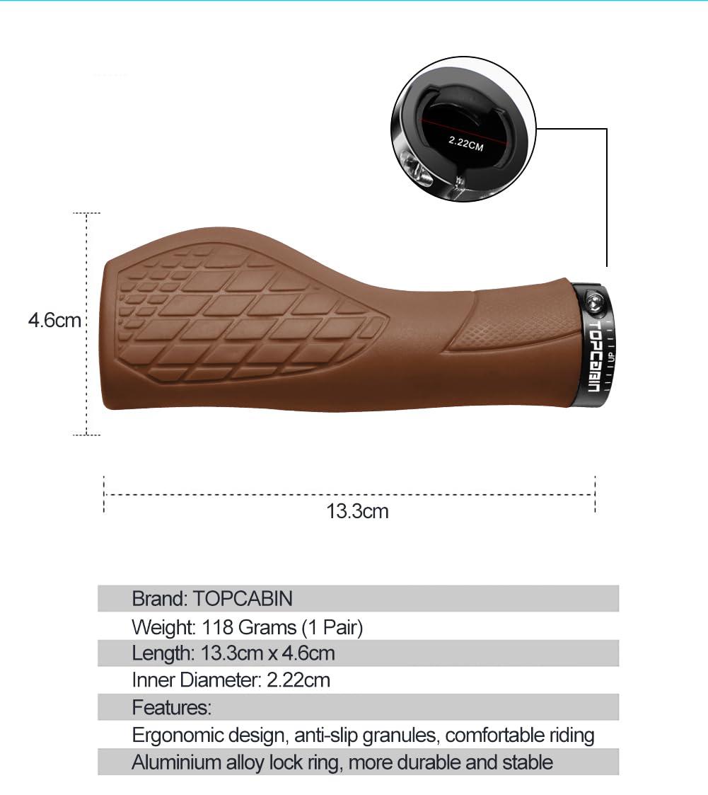 TOPCABIN TOPCABIN Bicycles Handlebar Grips, Aluminum Lock-on Ergonomic Bike Grips, Cushion Vibrations Comfort Bike Handlebar Grips, Mountain MTB BMX Bicycles Grips for Scooter (Ergonomic Rubber(Brown))