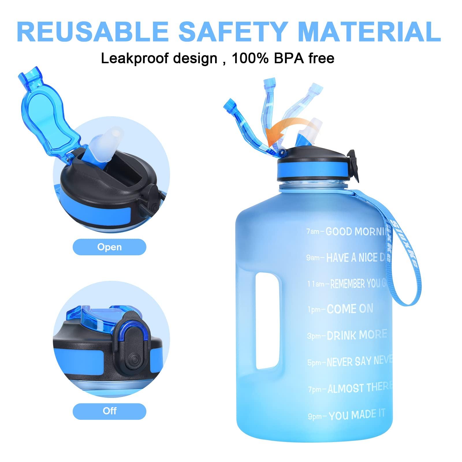 SLUXKE SLUXKE Gallon Water Bottle with Time Marker BPA Free, 128oz Huge Sports Water Bottle with Handle and Straw Leak Proof, One Click Open Big Water Jug Blue Blue