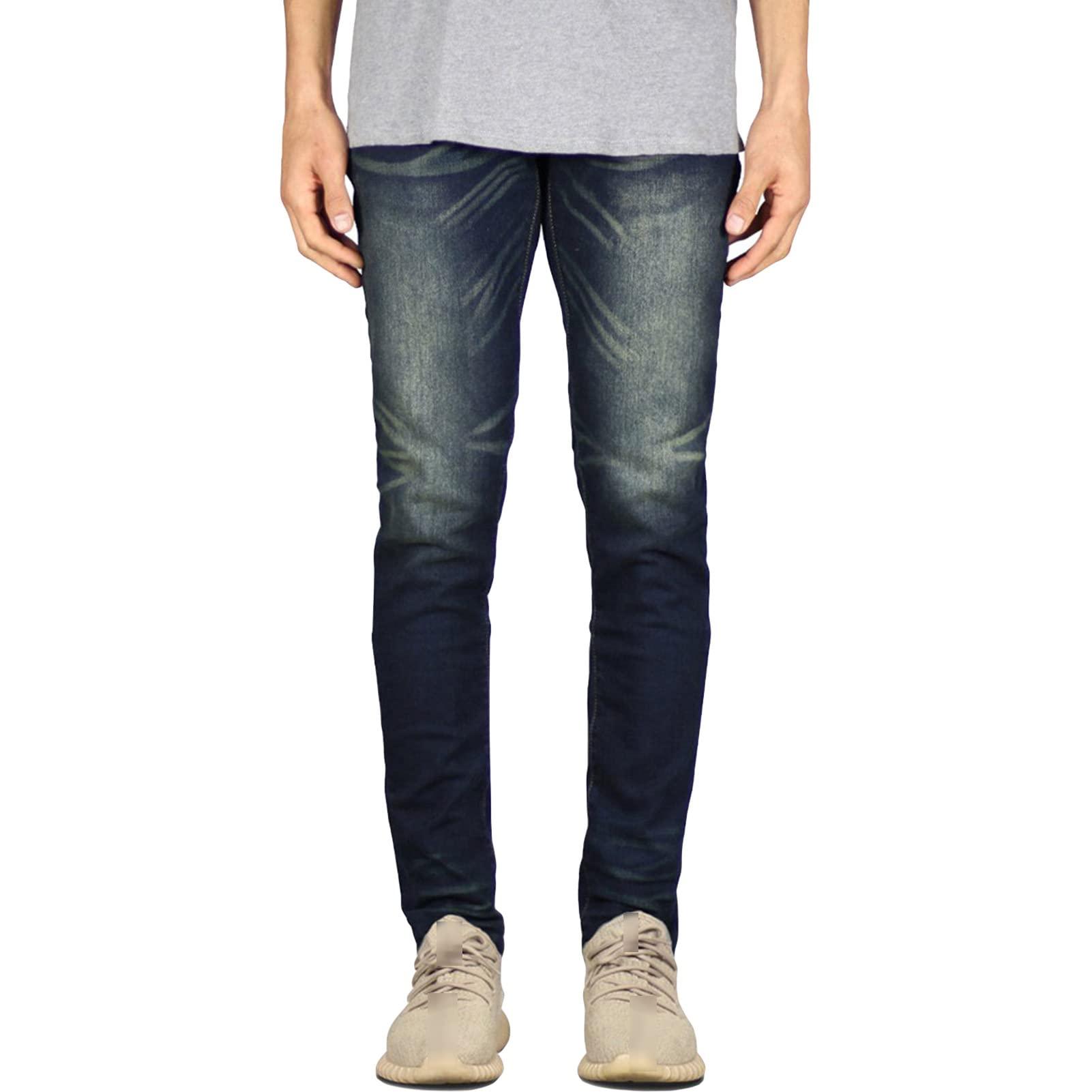 JEsilunmaMY JEsilunmaMY Men\'s Stretch Slim Pencil Jeans Mid Waist Distressed Skinny Denim Trousers Casual Straight Jean Pants with Pocket (Dark Blue,33)