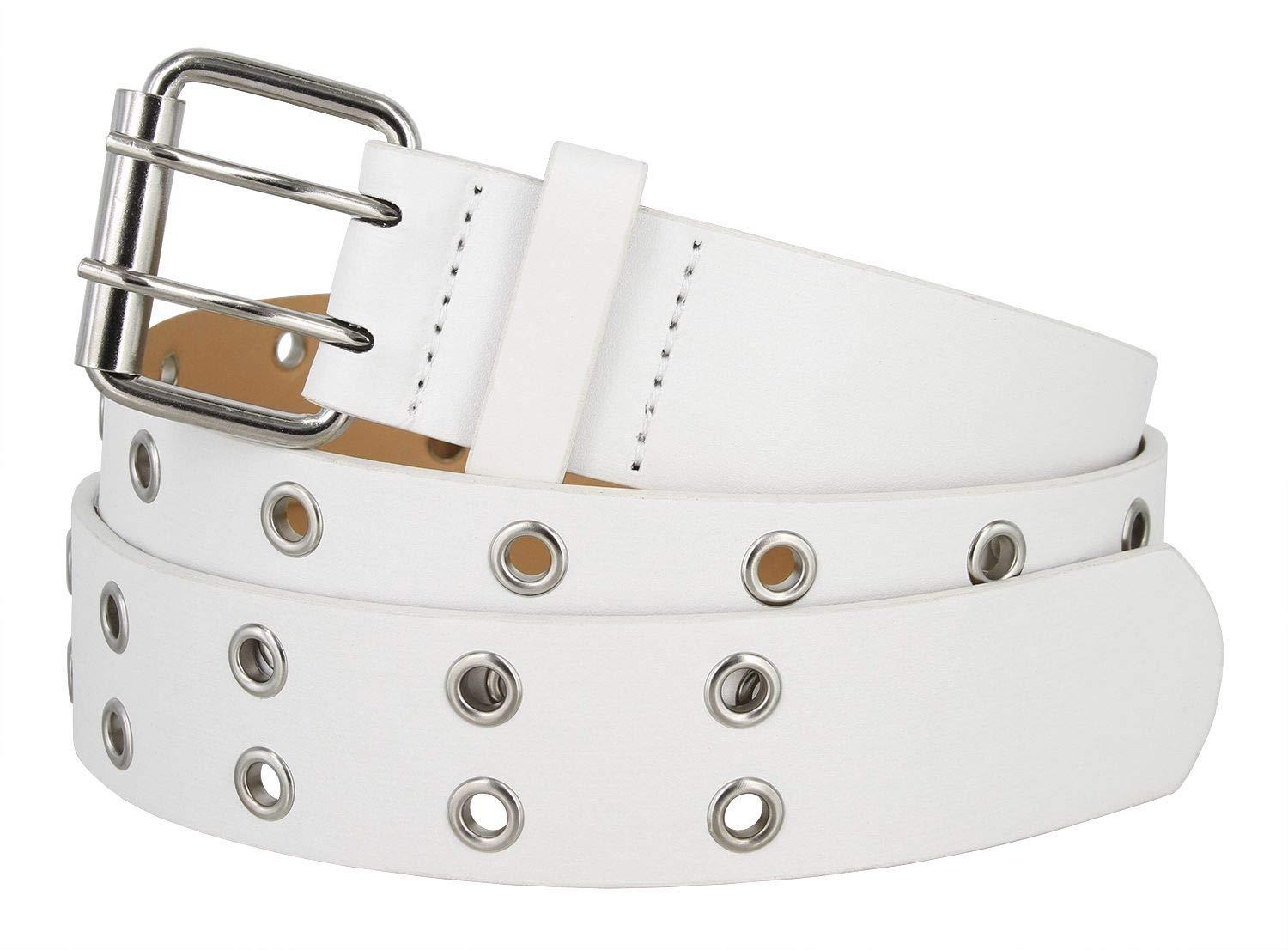 Belts.com Solid Rich Fashion Color Double Grommet Twin Prong Leather Casual Jean Belt 1 1/2" Wide (White- XL)