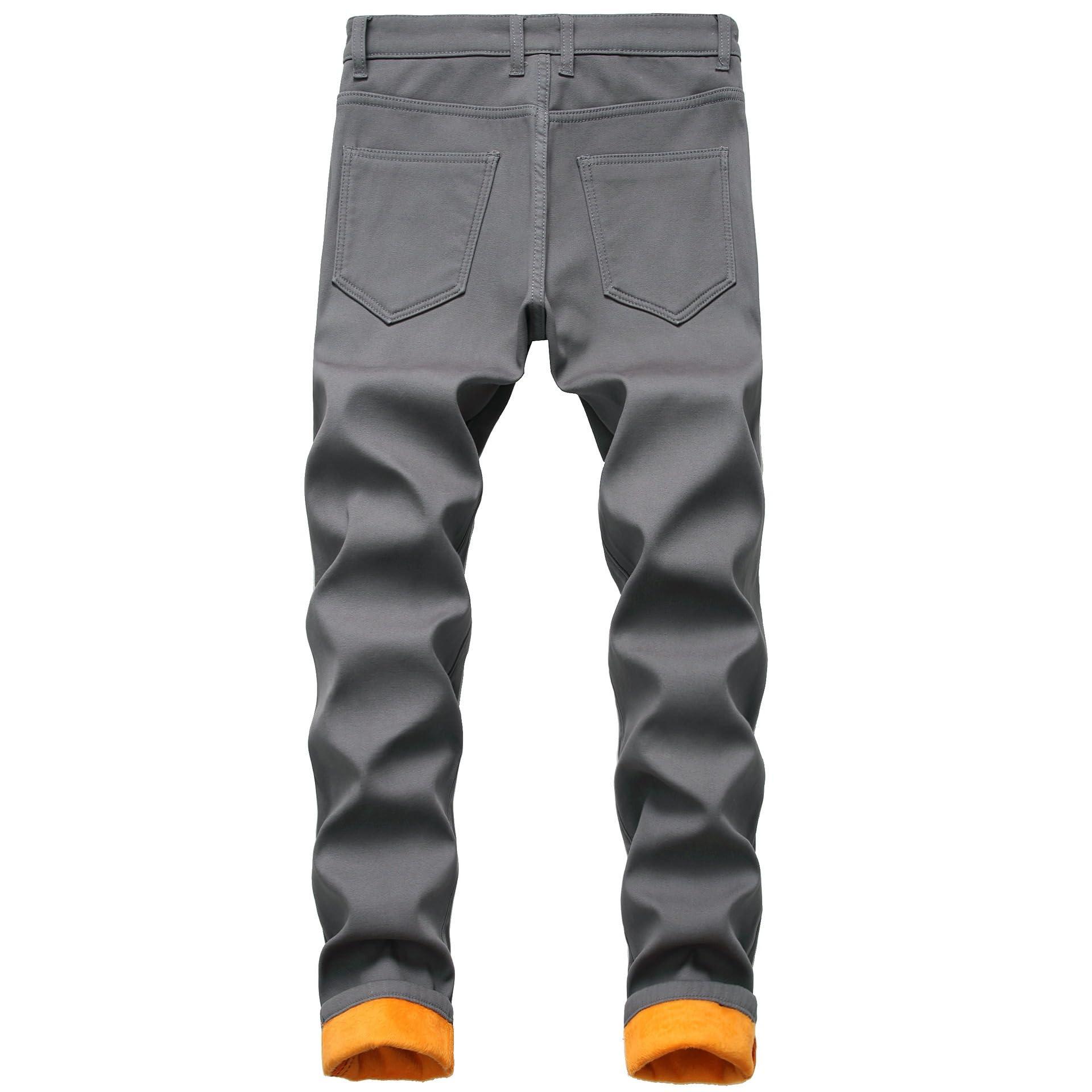 YCHUNHUI YCHUNHUI Men's Fleece Lined Jeans Winter Warm Flannel Lined Jeans Mens Skinny Slim Fit Stretch Denim Pants Trousers (Grey,28)