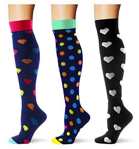 Saniripple (3 pairs)Compression Socks 20-30 mmHg Long Socks for Women and Knee High Socks for Women Black Colorful L/XL