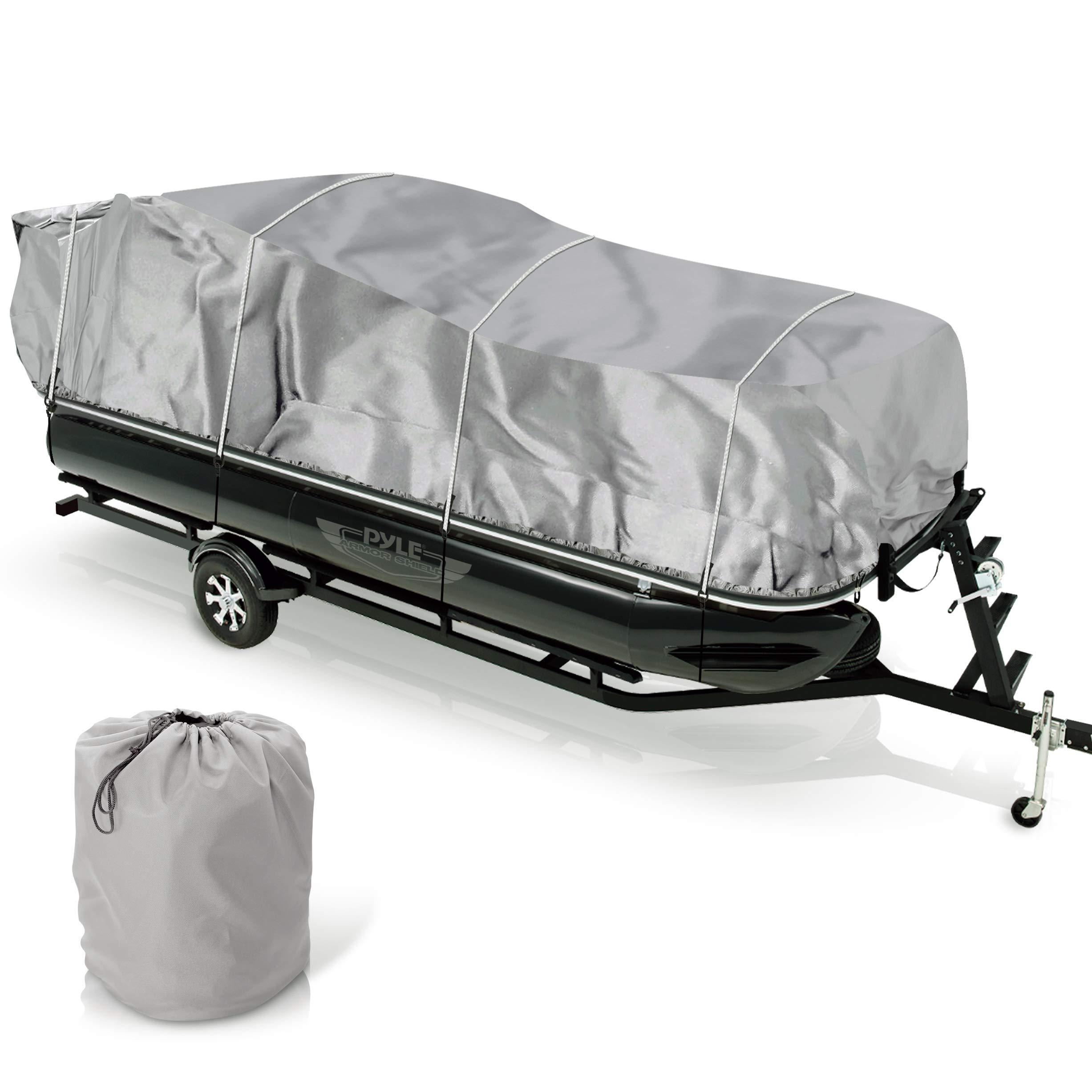 Pyle Pyle Universal Boat Adjustable Storage Cover - 25\'-28\'L to 96 Pontoon Boats Protection Custom Heavy Duty Waterproof Polyester Fabric, Snap Strap, Elastic Cord, Bag
